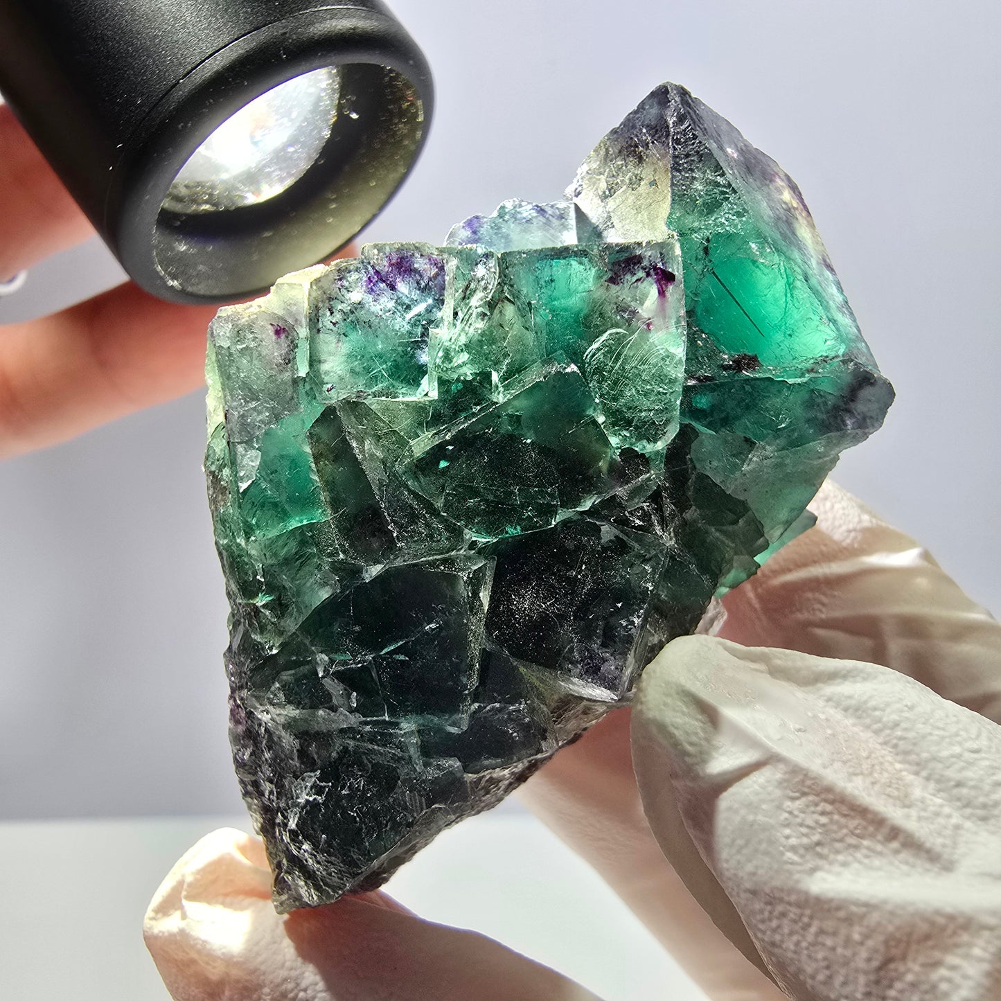 Spécimen de cube de fluorite fantôme, parqueté, vert violet Okorusu, Namibie 62*45*29mm