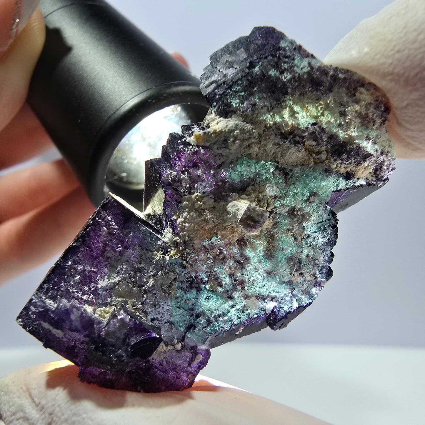 Spécimen de cube de fluorite fantôme vert violet zonal 11:11 Angel Pocket, Namibie 45*32*17mm