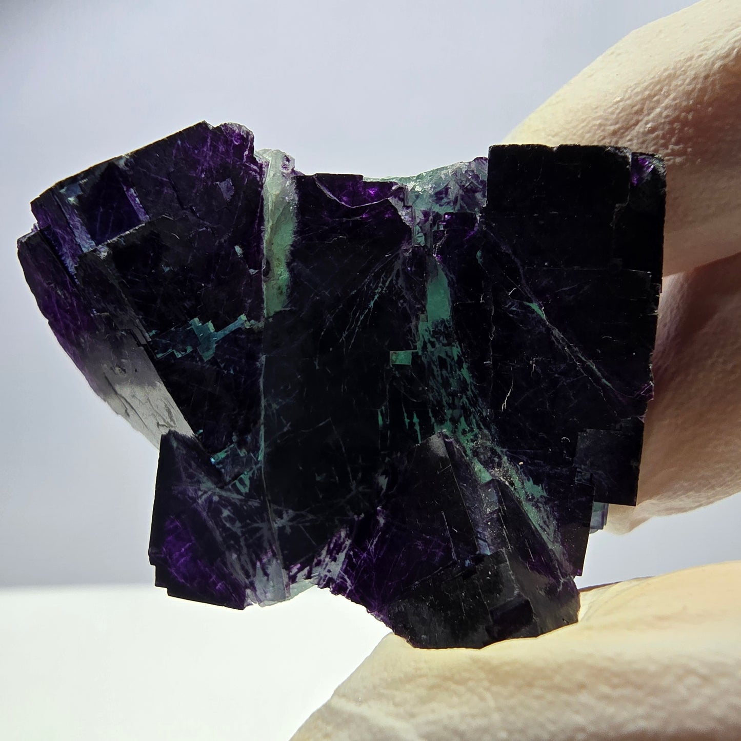 Spécimen de cube de fluorite fantôme vert violet zonal 11:11 Angel Pocket, Namibie 44*32*25mm