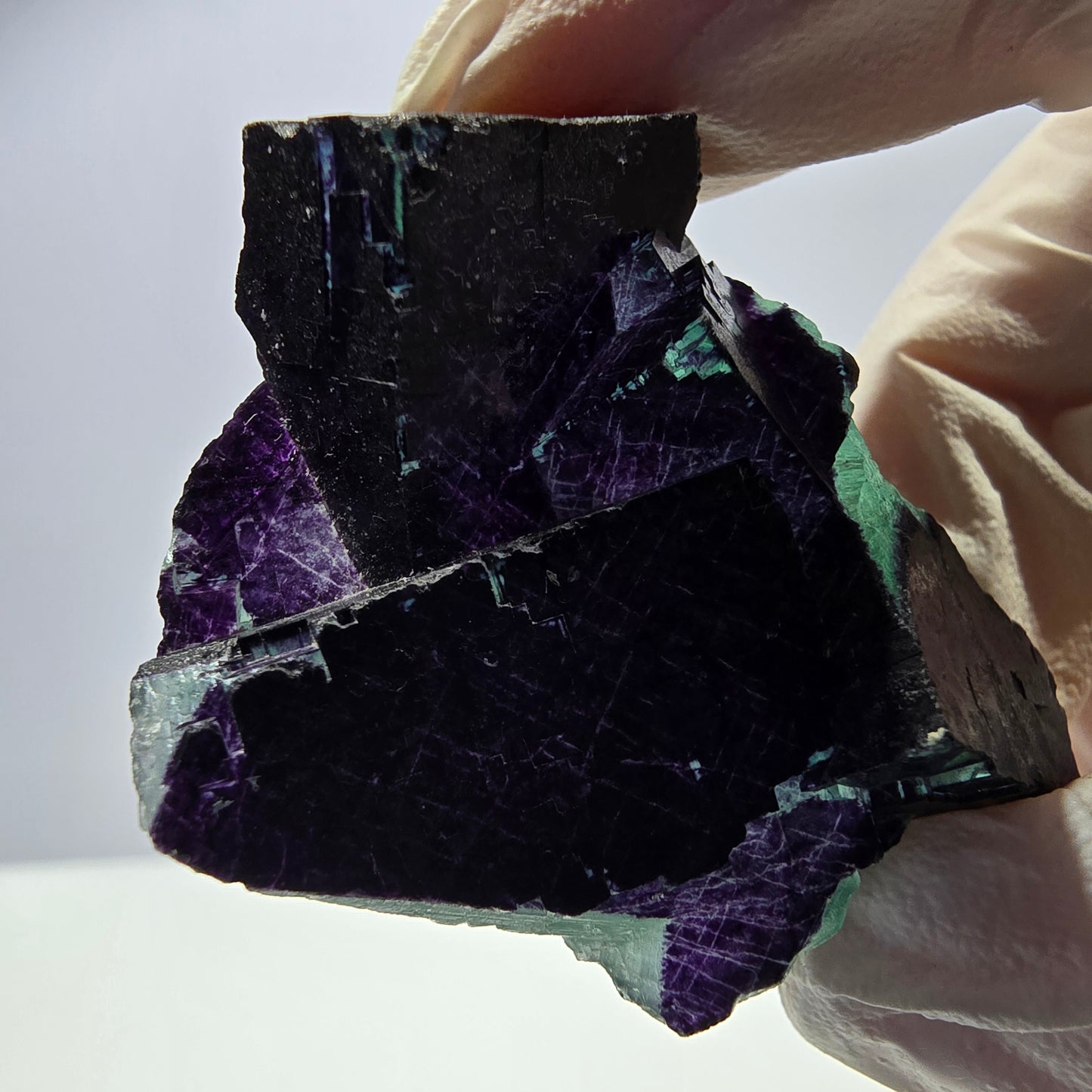 Spécimen de cube de fluorite fantôme vert violet zonal 11:11 Angel Pocket, Namibie 47*38*19mm