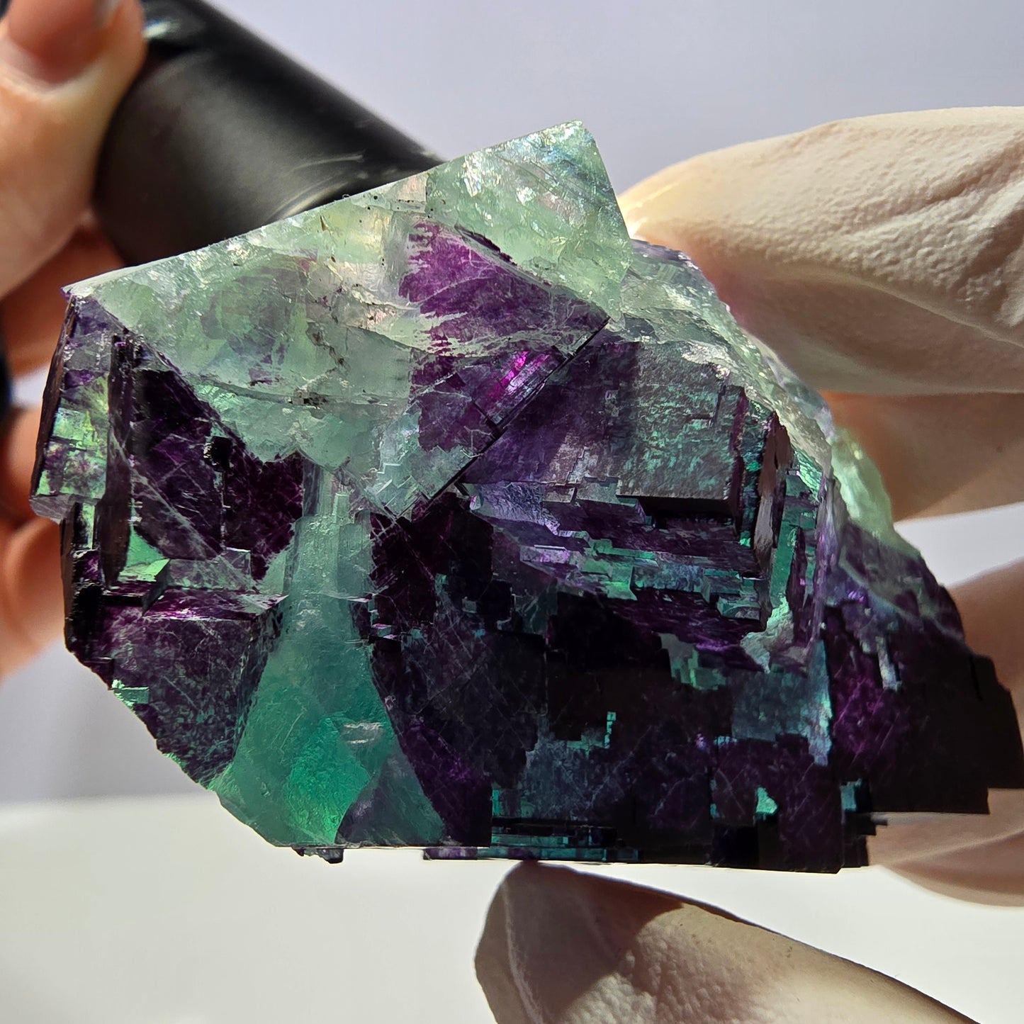 Spécimen de cube de fluorite fantôme vert violet zonal 11:11 Angel Pocket, Namibie 60*39*27mm