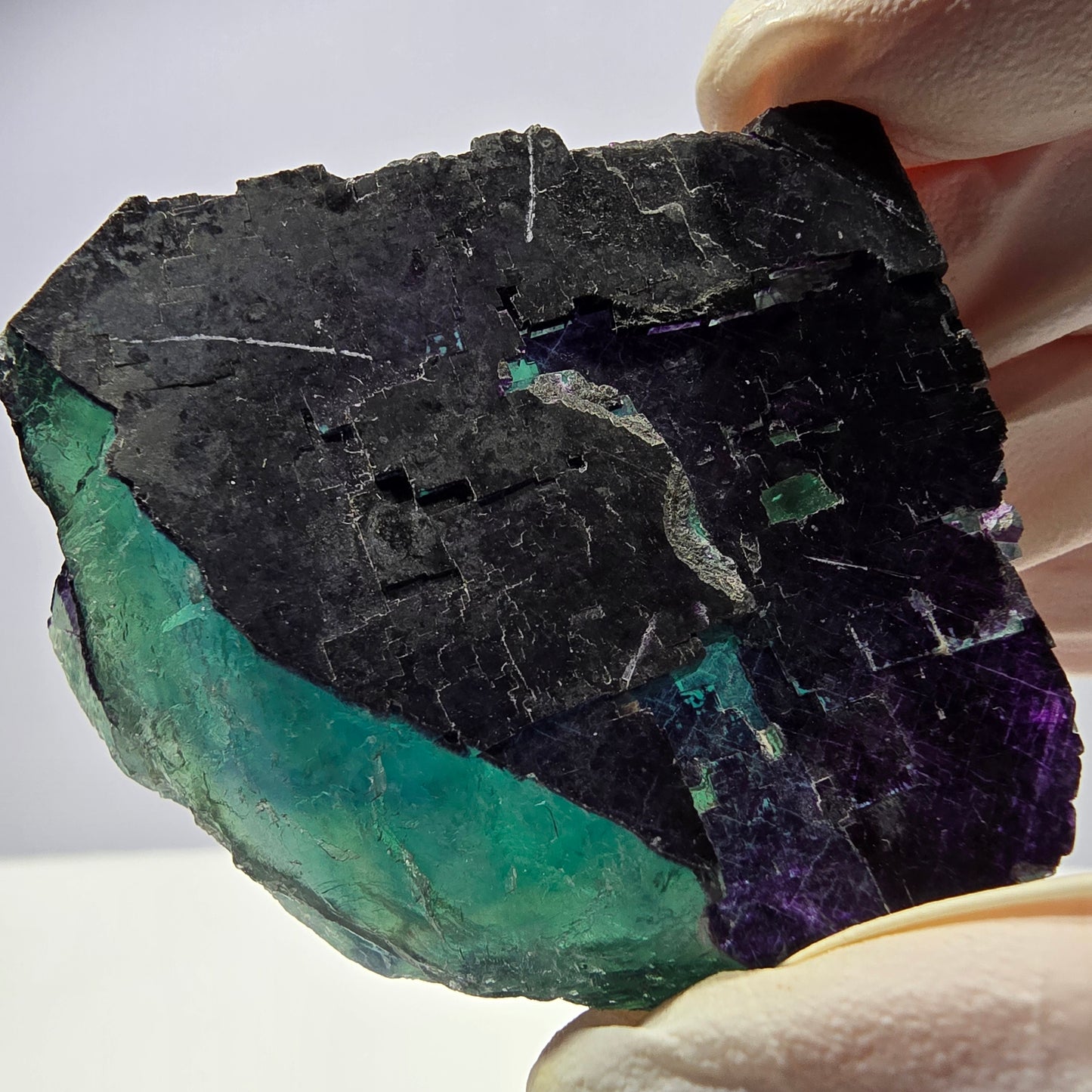 Spécimen de cube de fluorite fantôme vert violet zonal 11:11 Angel Pocket, Namibie 56*48*19mm