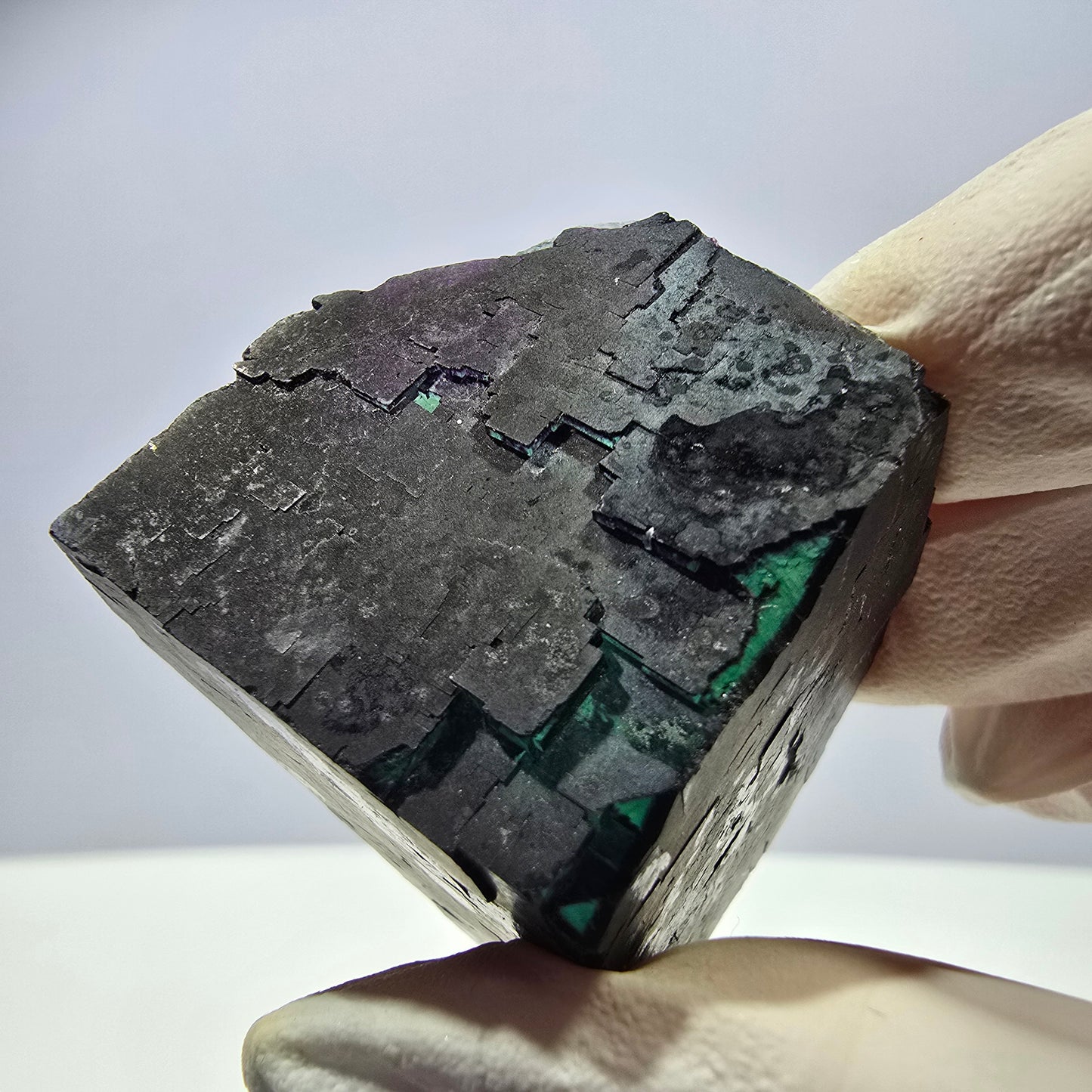 Spécimen de cube de fluorite fantôme vert violet zonal 11:11 Angel Pocket, Namibie 33*32*31mm