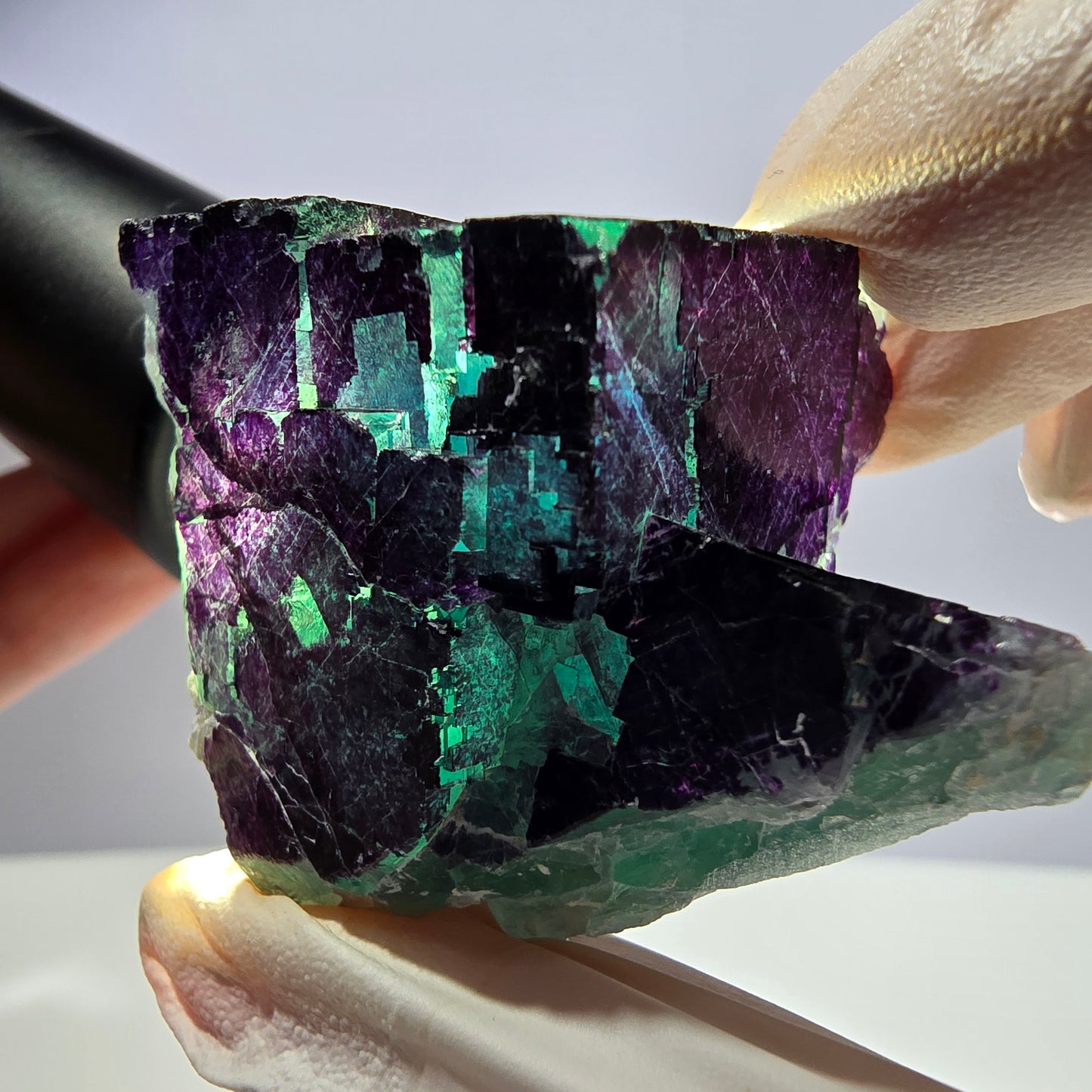 Spécimen de cube de fluorite fantôme vert violet zonal 11:11 Angel Pocket, Namibie 54*38*38mm