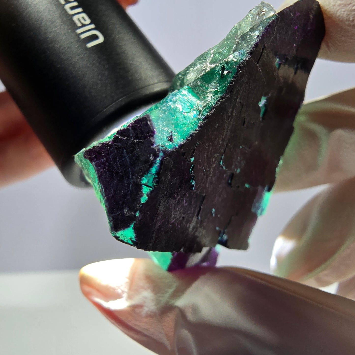 Spécimen de cube de fluorite fantôme vert violet zonal 11:11 Angel Pocket, Namibie 57*46*20mm