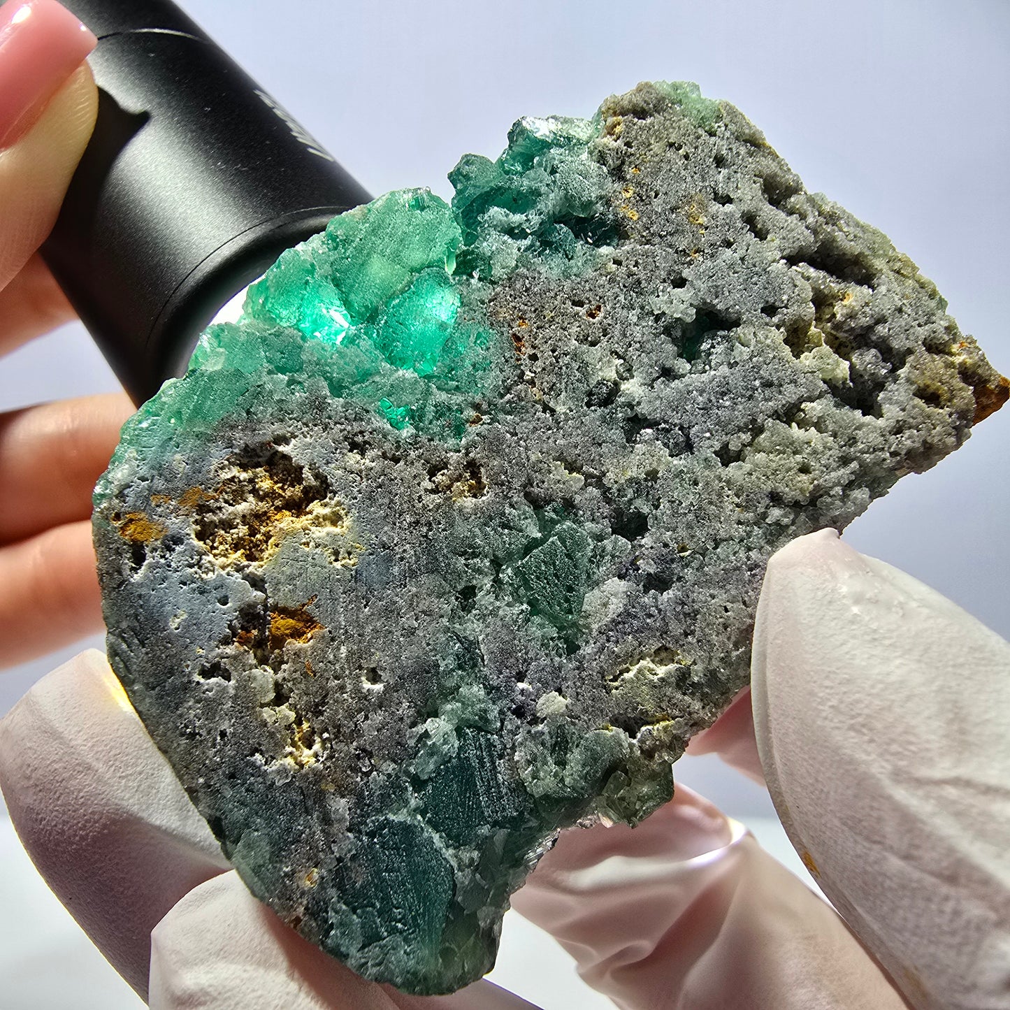 Spécimen de cube de fluorite fantôme parqueté vert violet Okorusu, Namibie 62*44*26mm