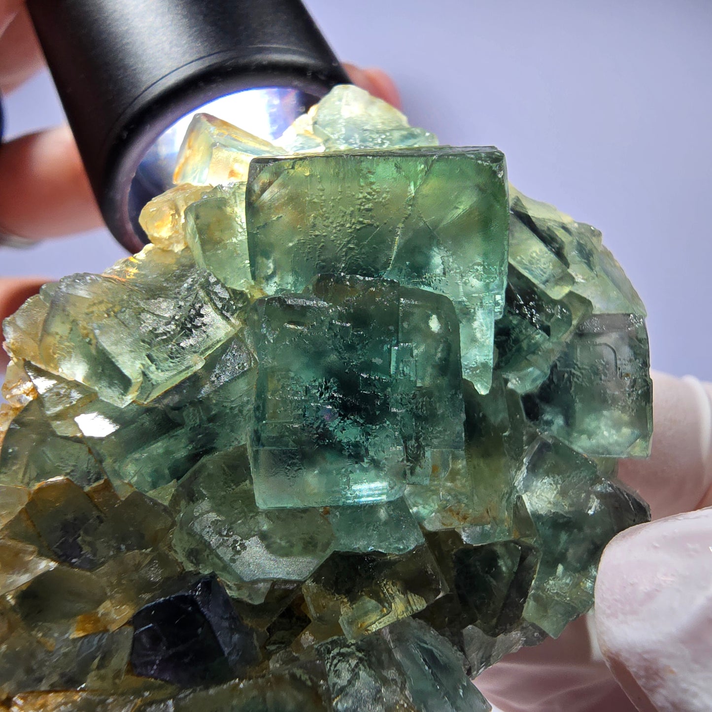 Spécimen de cube de fluorite fantôme parqueté vert violet Okorusu, Namibie 60*48*24mm