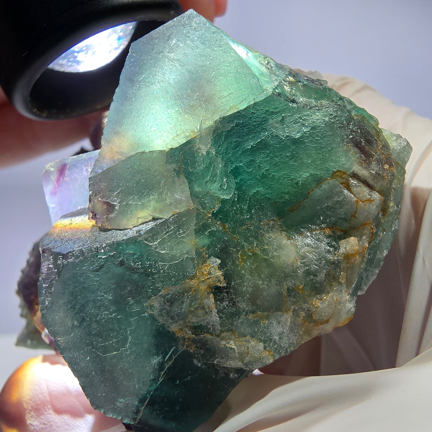 Grand spécimen de cube de fluorite fantôme, vert violet, Okorusu, Namibie, 88 x 60 x 40 mm