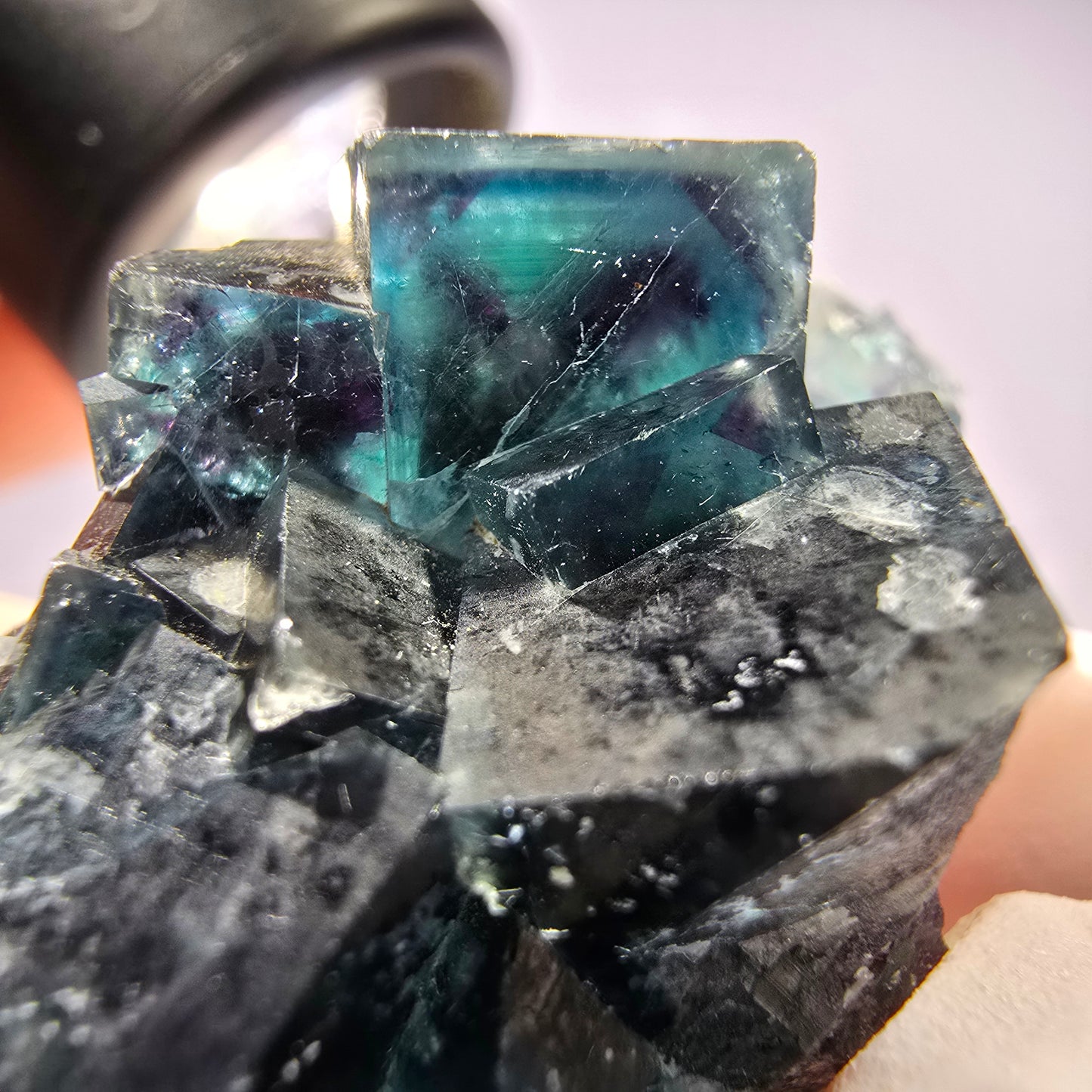 Rare spécimen de cube de fluorite fantôme, vert-violet, Okorusu, Namibie, 45 x 33 x 21 mm