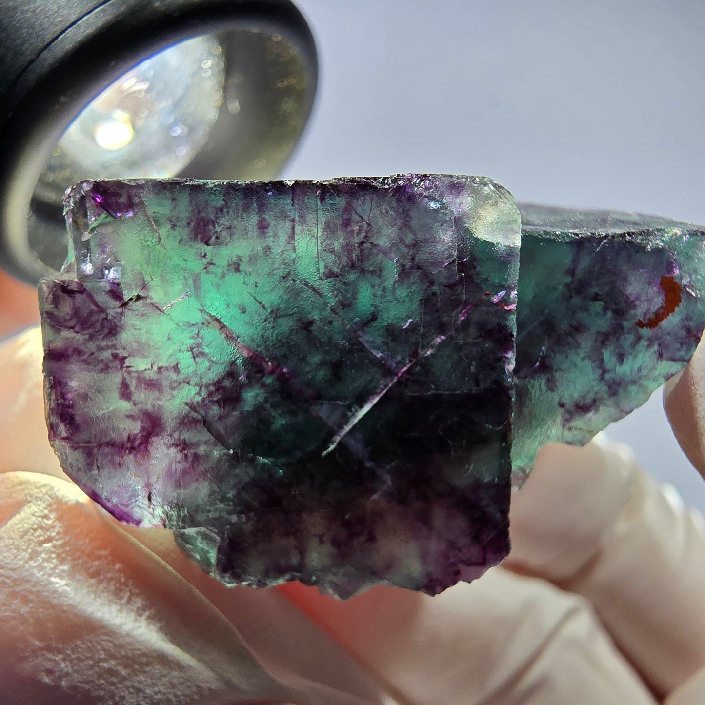 Spécimen de cube de fluorite fantôme parqueté vert violet Okorusu, Namibie 34*26*21mm