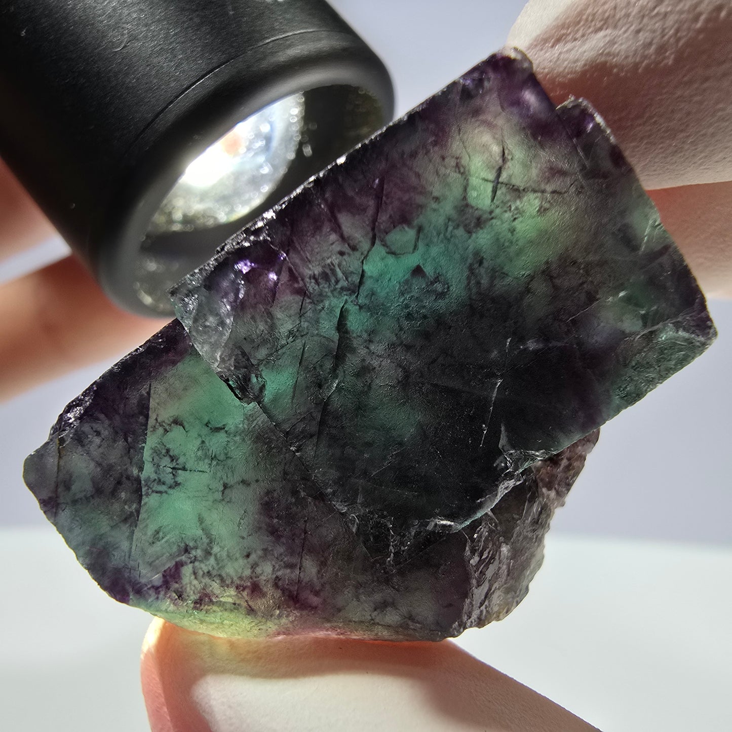 Spécimen de cube de fluorite fantôme parqueté vert violet Okorusu, Namibie 34*26*21mm