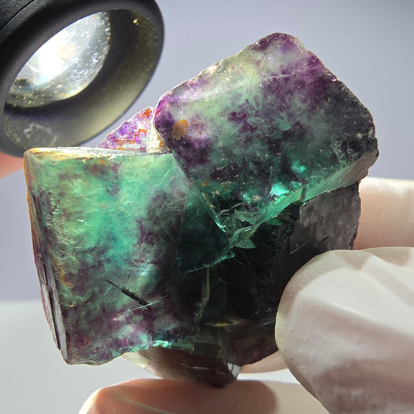 Spécimen de cube de fluorite fantôme parqueté vert violet Okorusu, Namibie 44*35*21mm