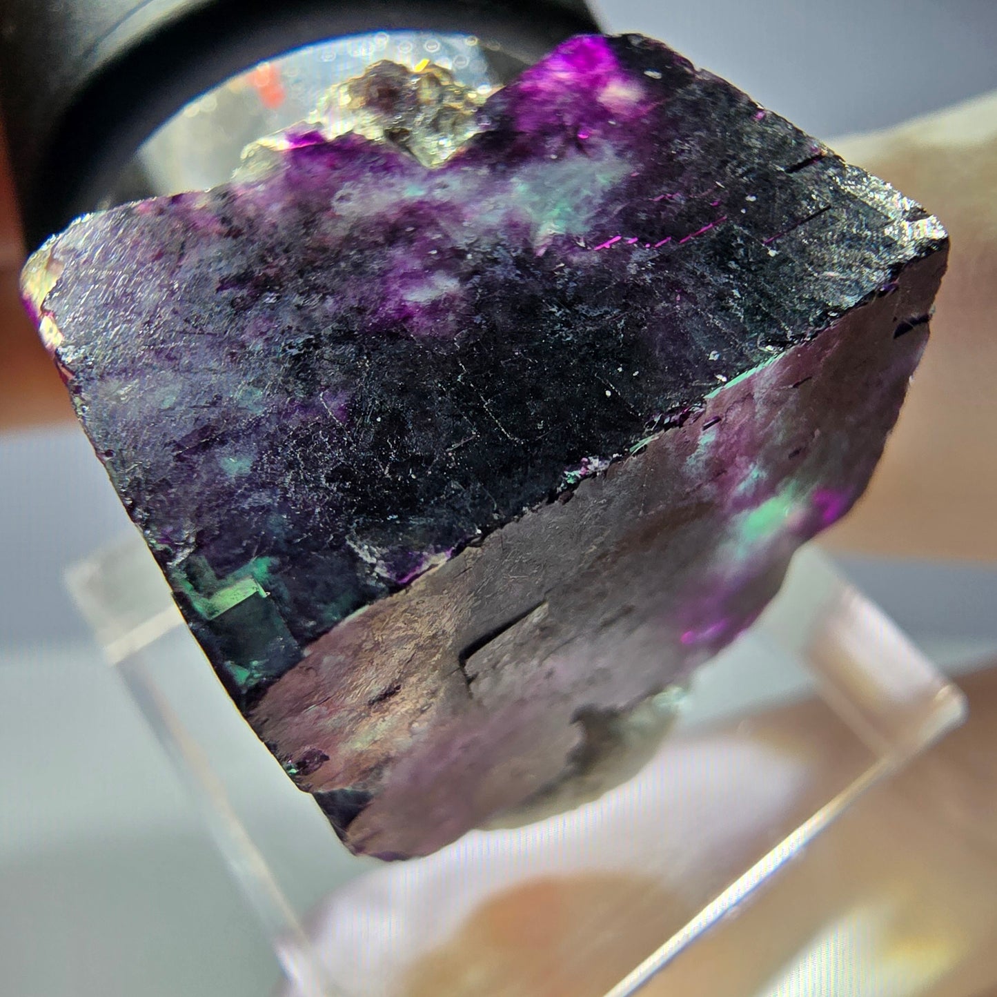Rare cube de fluorite fantôme parqueté vert violet Okorusu Namibie 22*22*19mm