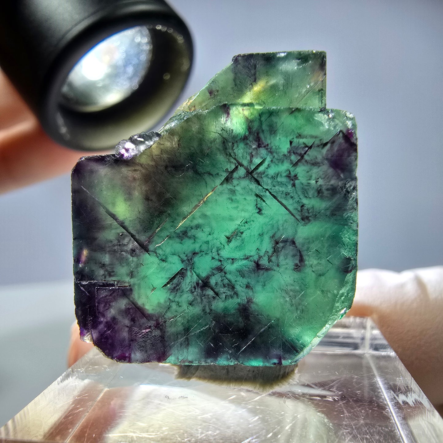 Rare cube de fluorite fantôme parqueté vert violet Okorusu Namibie 25*21*11mm