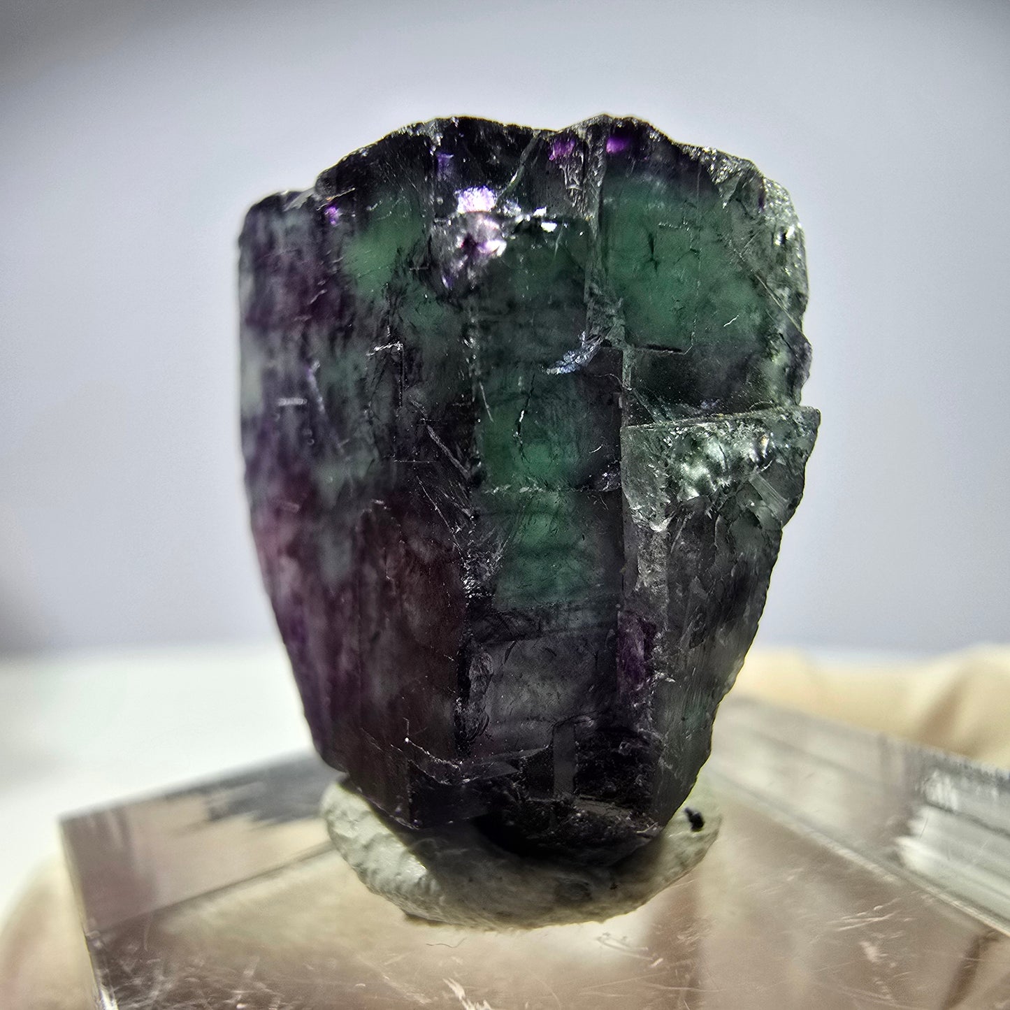 Rare cube de fluorite fantôme parqueté vert violet Okorusu Namibie 21*19*13mm