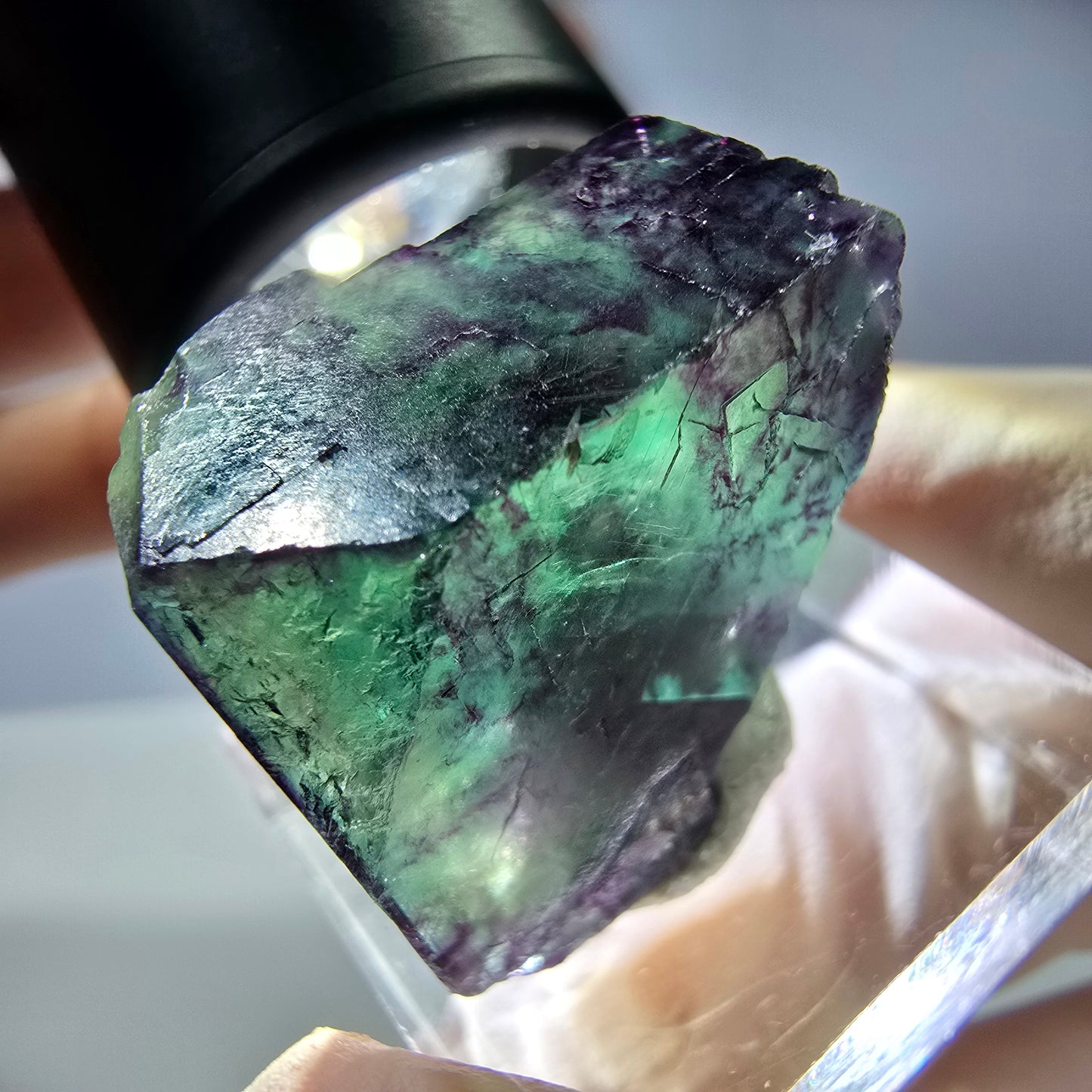 Rare cube de fluorite fantôme parqueté vert violet Okorusu Namibie 23*21*13mm