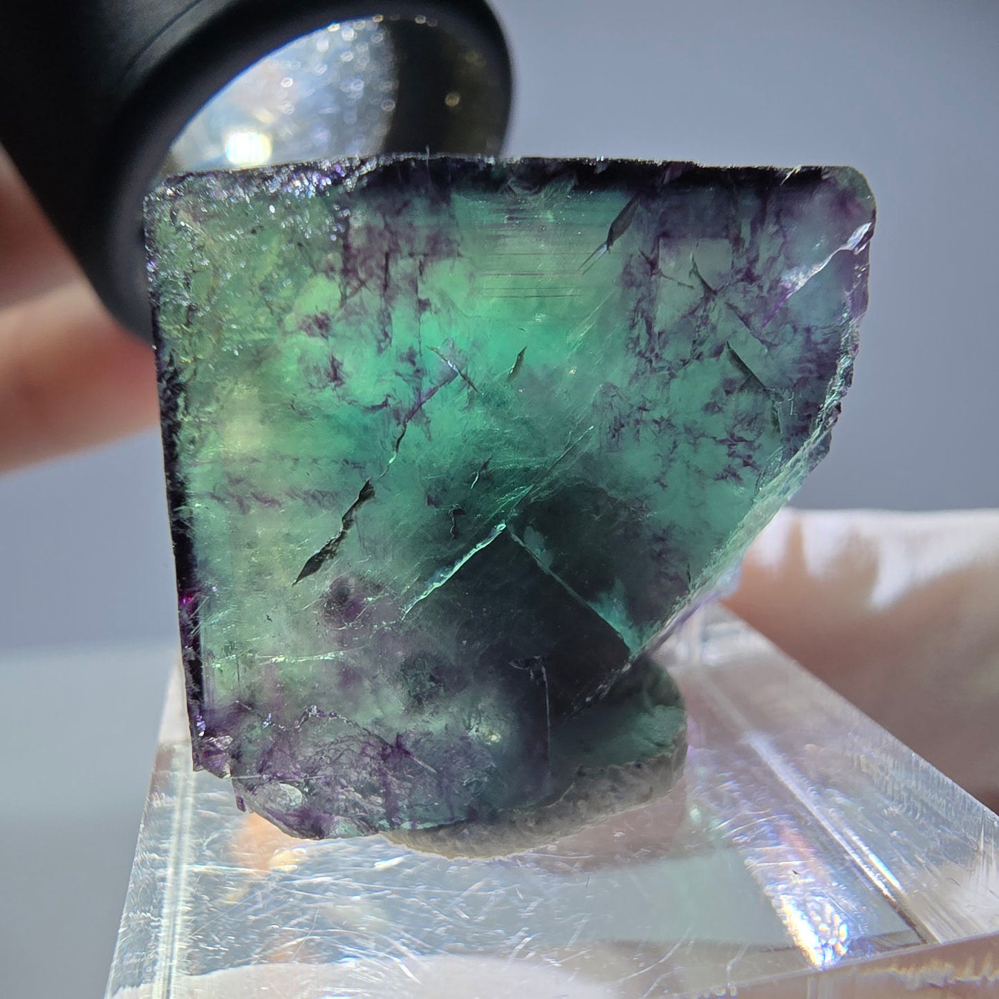 Rare cube de fluorite fantôme parqueté vert violet Okorusu Namibie 23*21*13mm