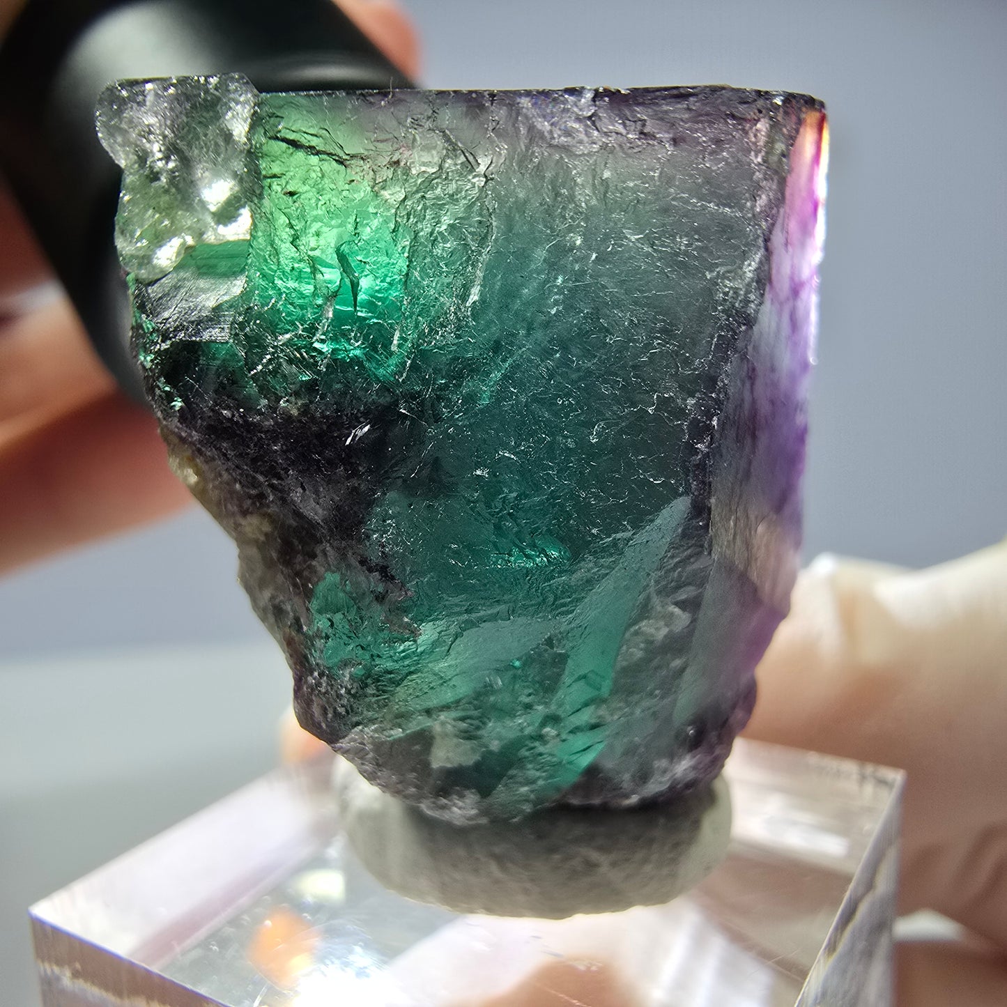 Rare cube de fluorite fantôme parqueté vert violet Okorusu Namibie 31*27*21mm