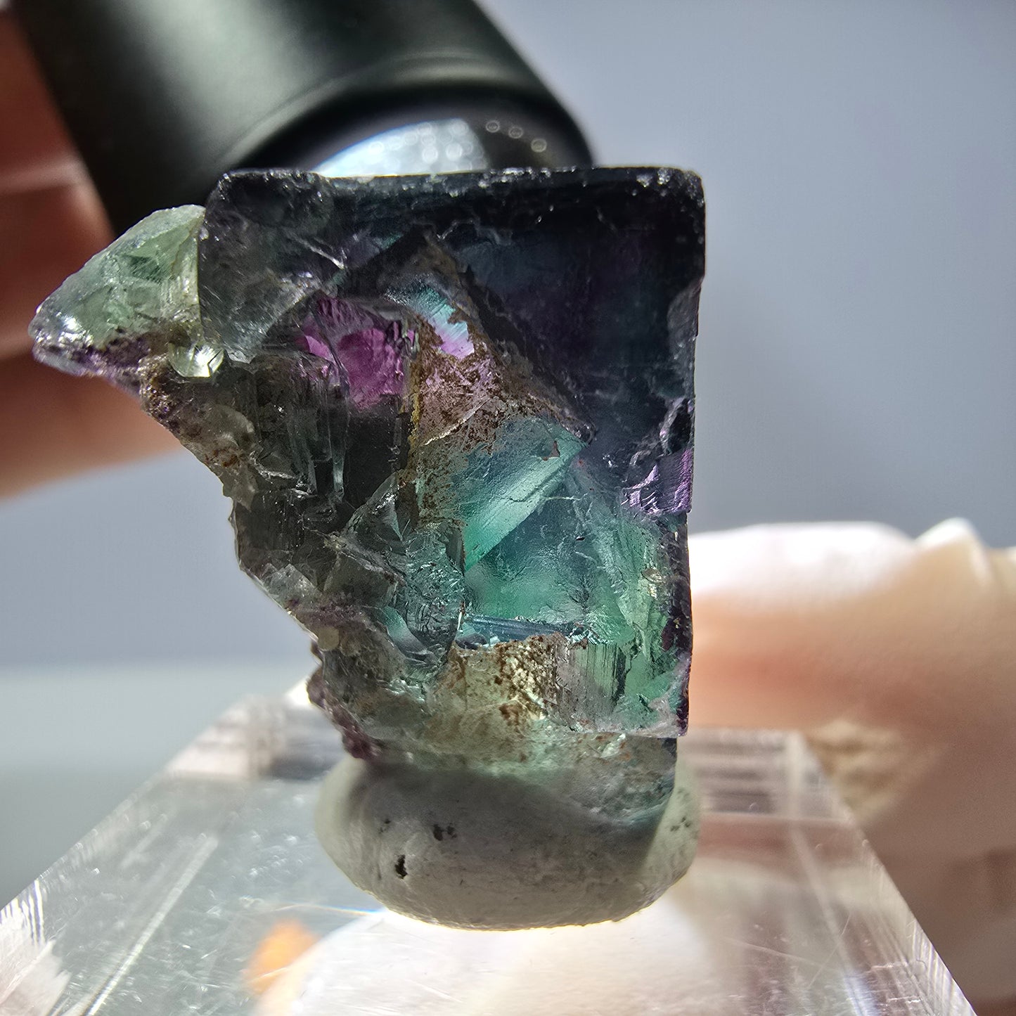 Rare cube de fluorite fantôme parqueté vert violet Okorusu Namibie 23*22*22mm