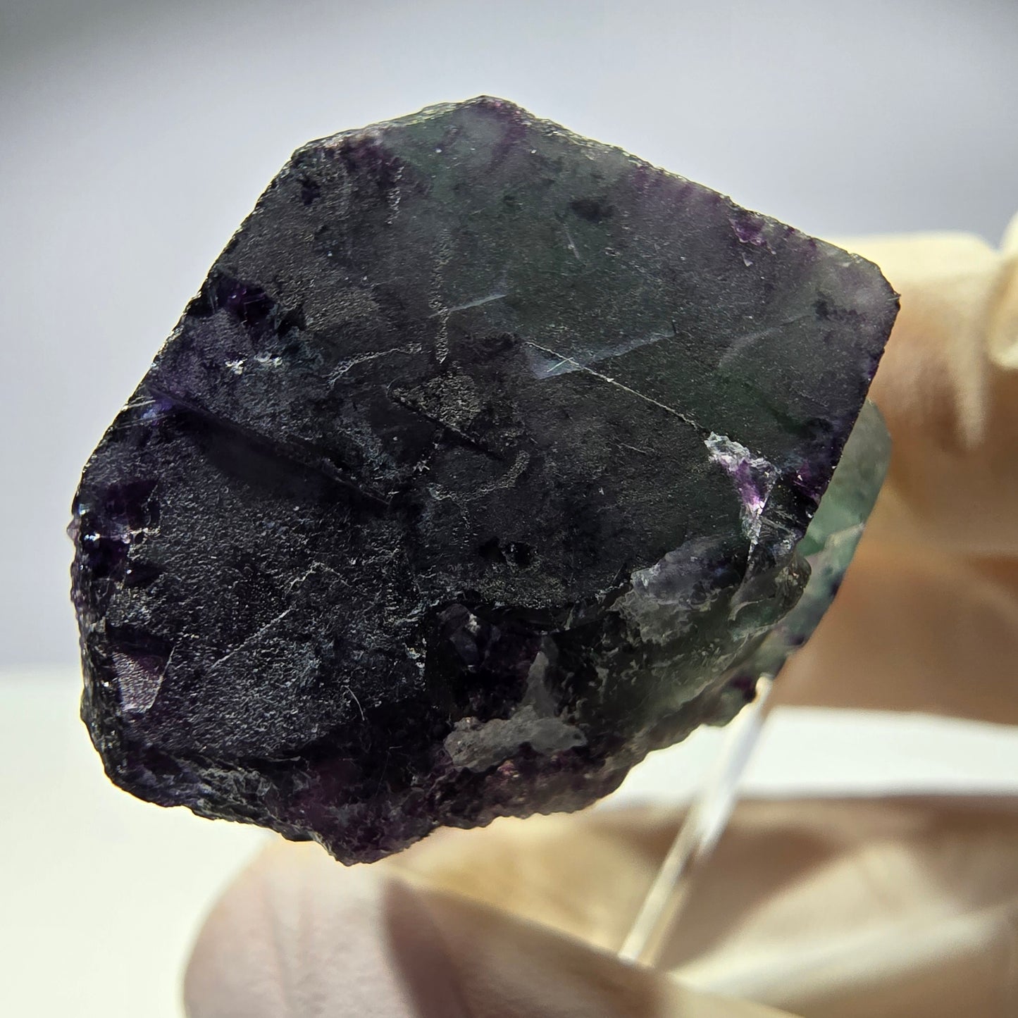 Rare cube de fluorite fantôme parqueté vert violet Okorusu Namibie 24*23*21mm