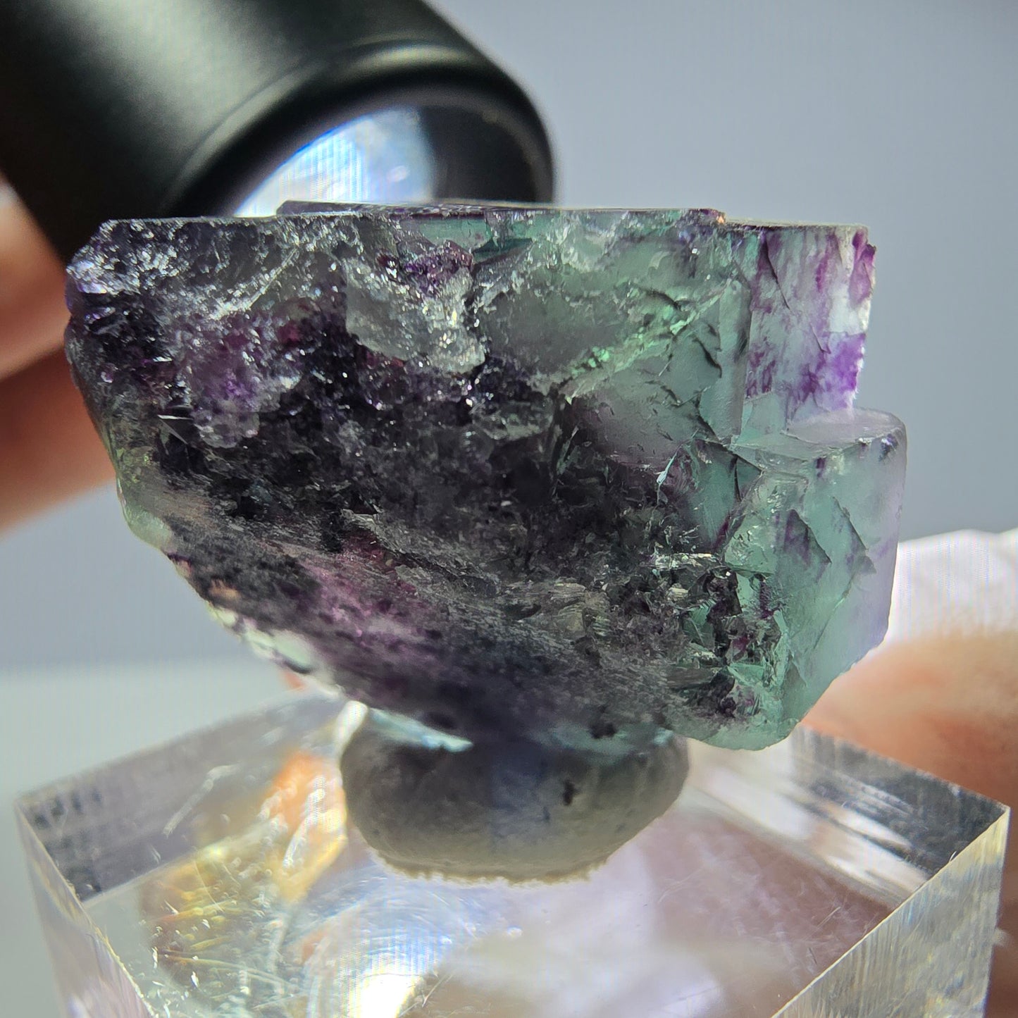 Rare cube de fluorite fantôme parqueté vert violet Okorusu Namibie 24*23*21mm