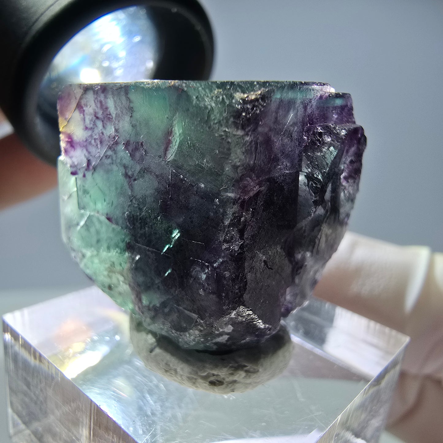 Rare cube de fluorite fantôme parqueté vert violet Okorusu Namibie 24*23*21mm