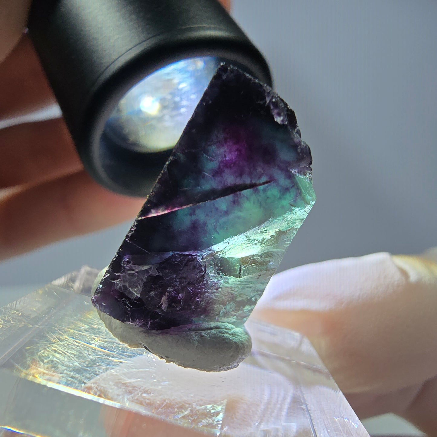 Rare cube de fluorite fantôme parqueté vert violet Okorusu Namibie 19*20*14mm