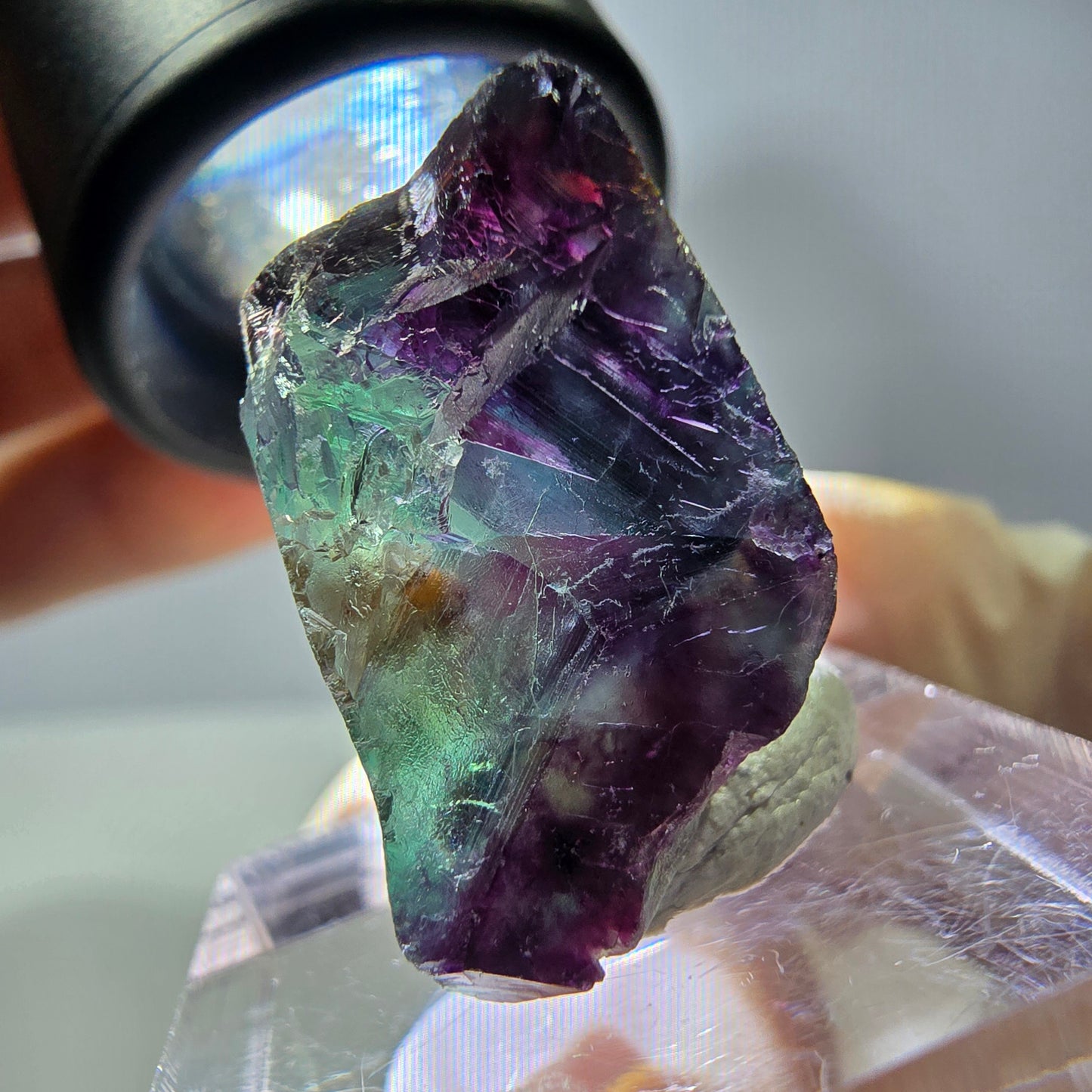 Rare cube de fluorite fantôme parqueté vert violet Okorusu Namibie 19*20*14mm