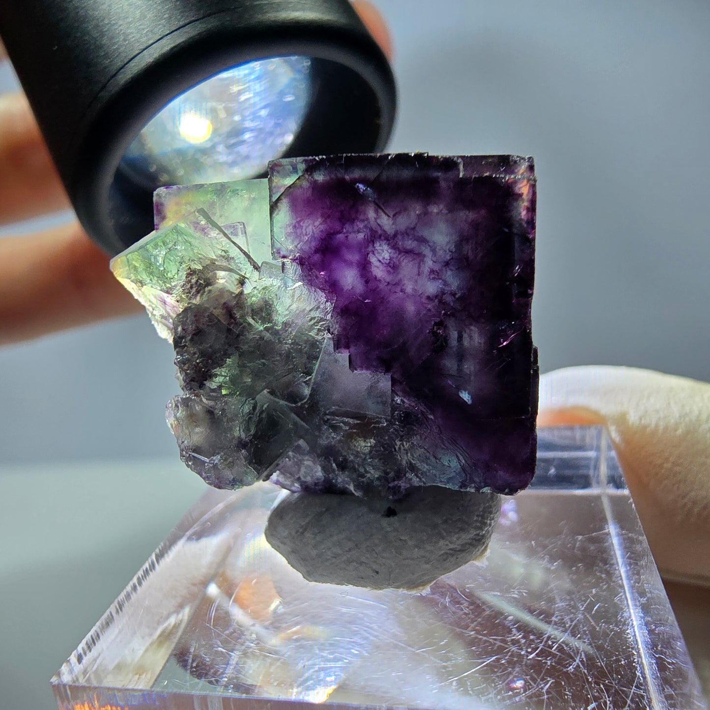 Rare cube de fluorite fantôme parqueté vert violet Okorusu Namibie 23*21*14mm