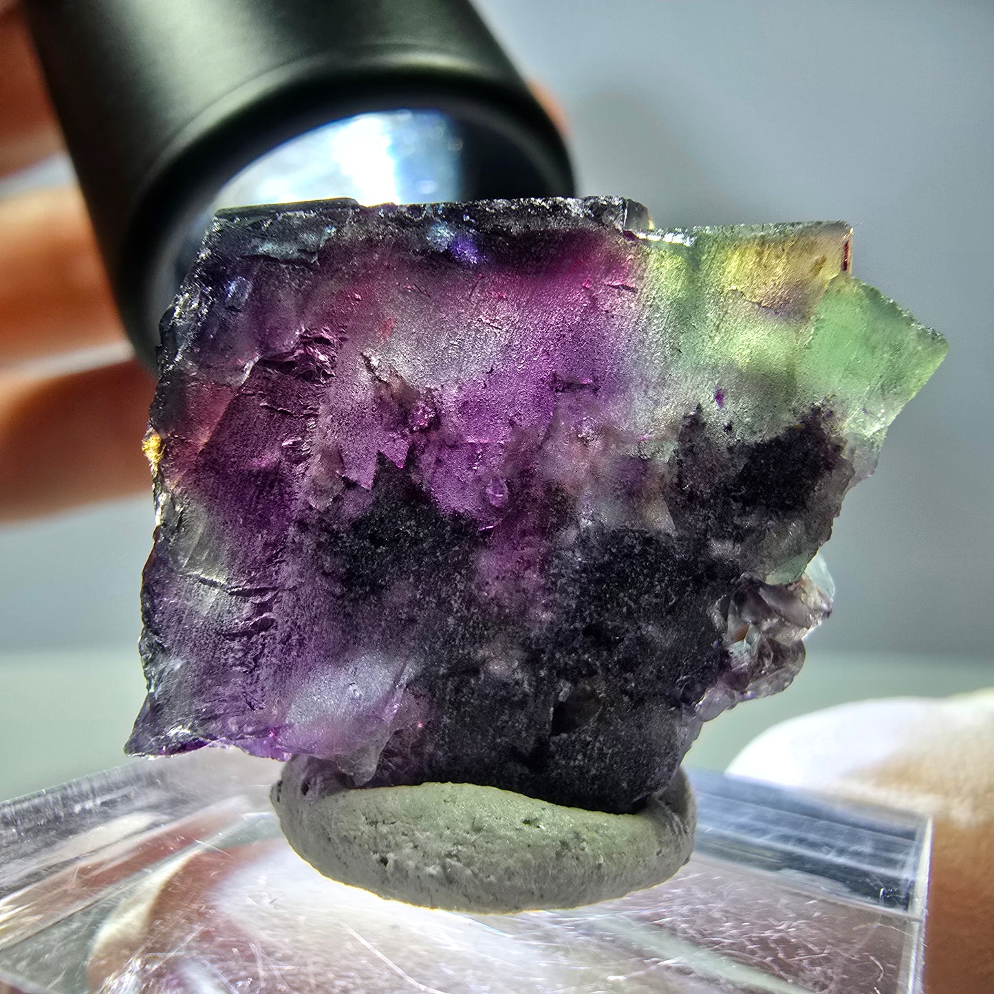 Rare cube de fluorite fantôme parqueté vert violet Okorusu Namibie 23*21*14mm