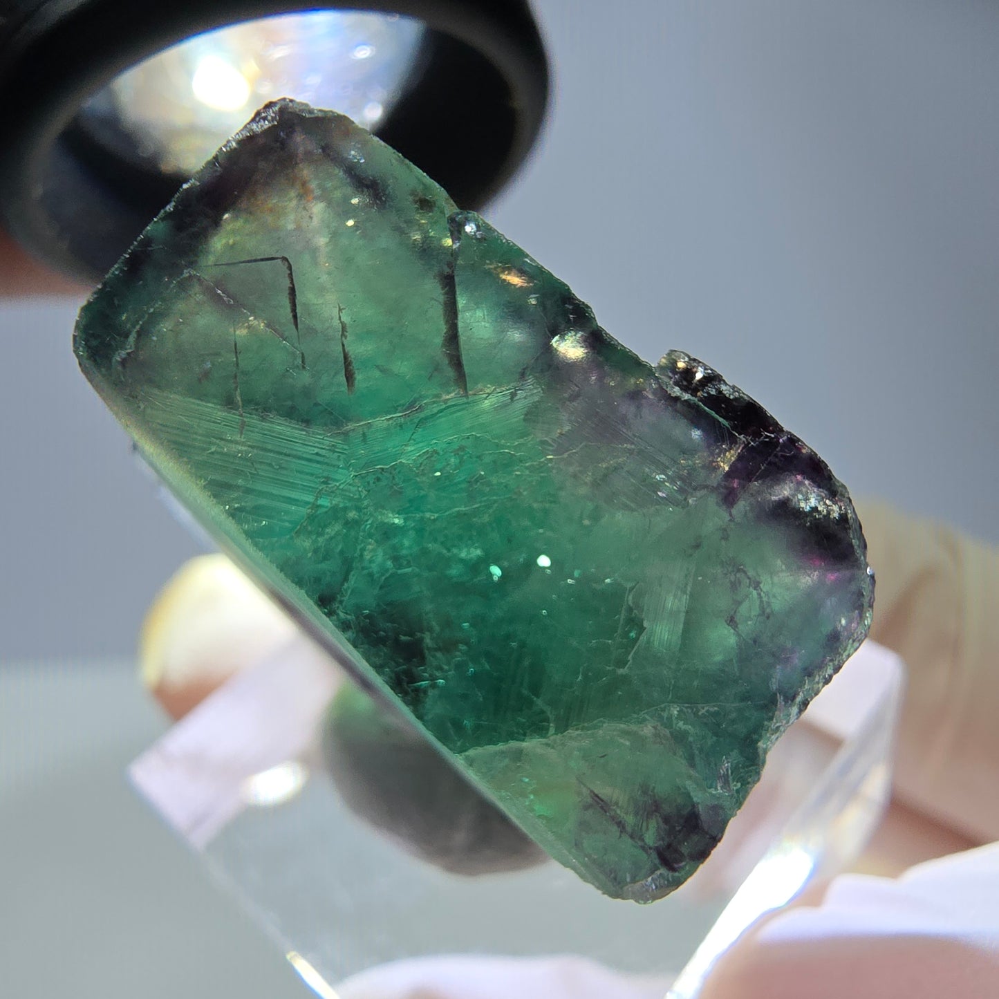 Rare cube de fluorite fantôme parqueté vert violet Okorusu Namibie 28*24*13mm