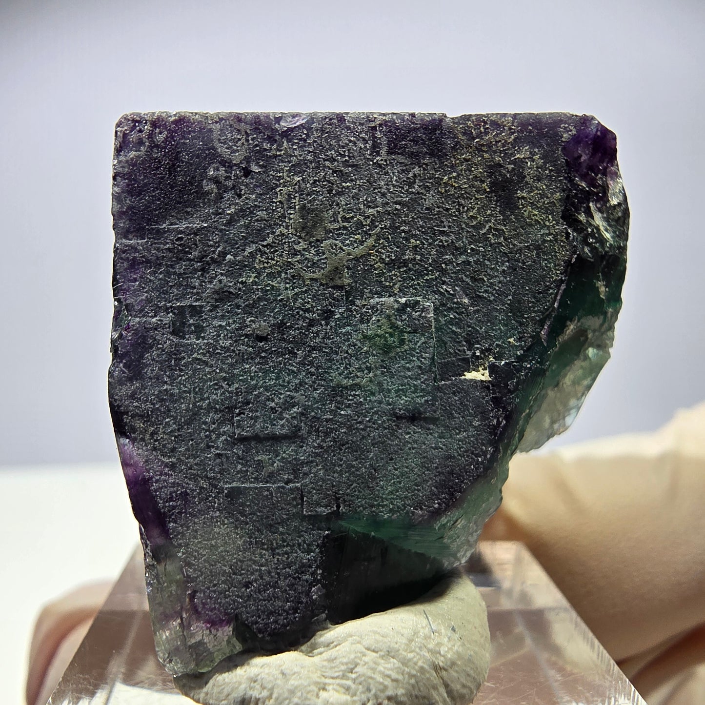 Rare cube de fluorite fantôme parqueté vert violet Okorusu Namibie 32*29*24mm