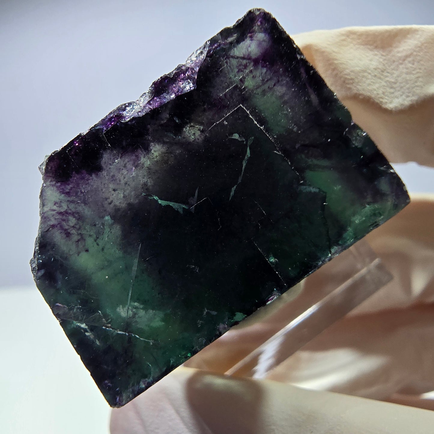 Rare cube de fluorite fantôme parqueté vert violet Okorusu Namibie 27*24*20mm