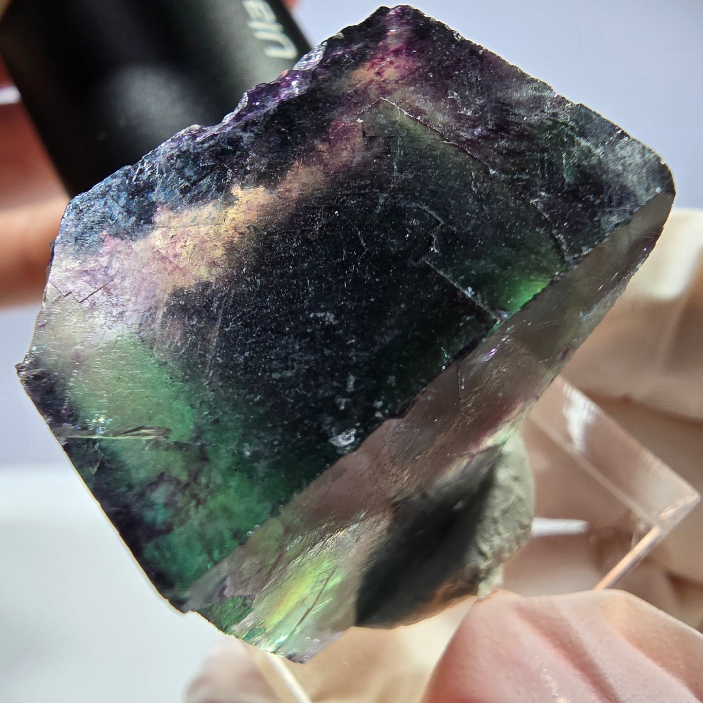Rare cube de fluorite fantôme parqueté vert violet Okorusu Namibie 27*24*20mm