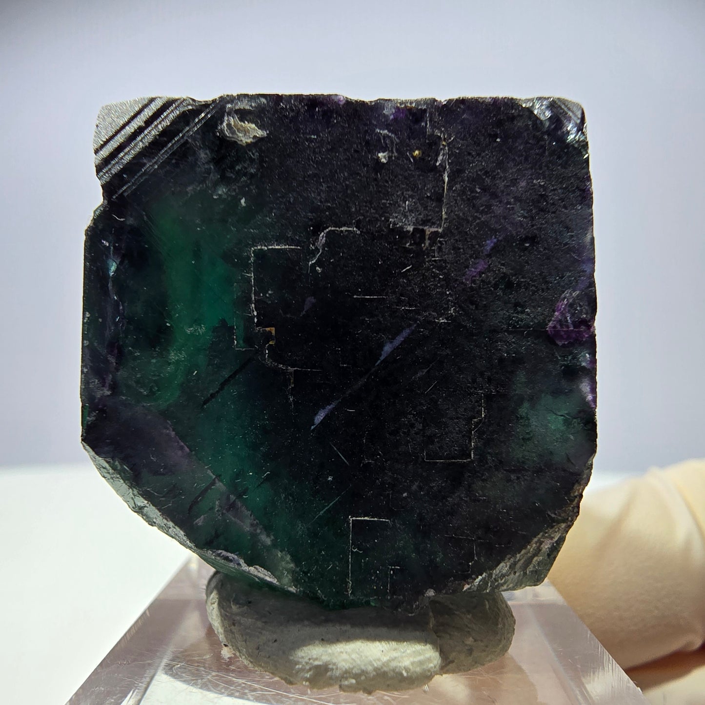 Rare cube de fluorite fantôme parqueté vert violet Okorusu Namibie 31*30*30mm
