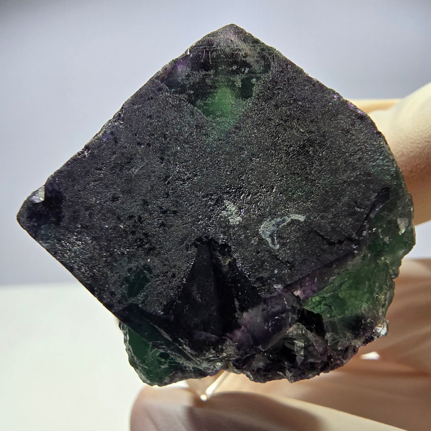 Rare cube de fluorite fantôme parqueté vert violet Okorusu Namibie 31*30*30mm