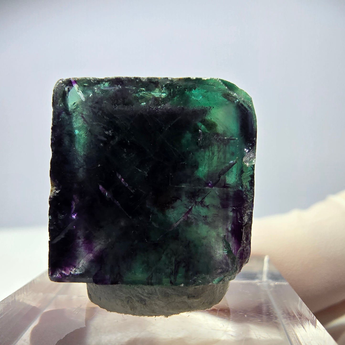 Rare cube de fluorite fantôme parqueté vert violet Okorusu Namibie 18*18*16mm