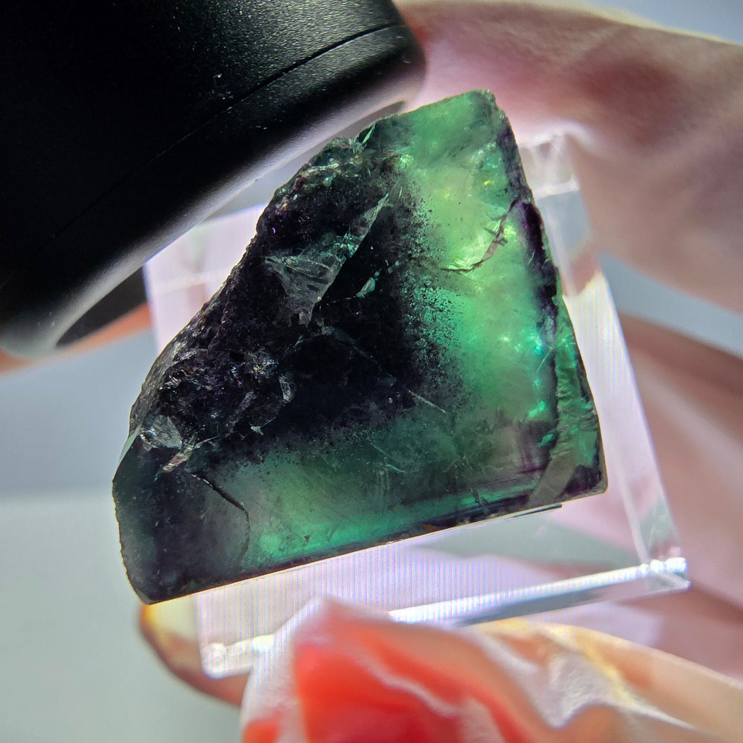 Rare cube de fluorite fantôme parqueté vert violet Okorusu Namibie 18*18*16mm