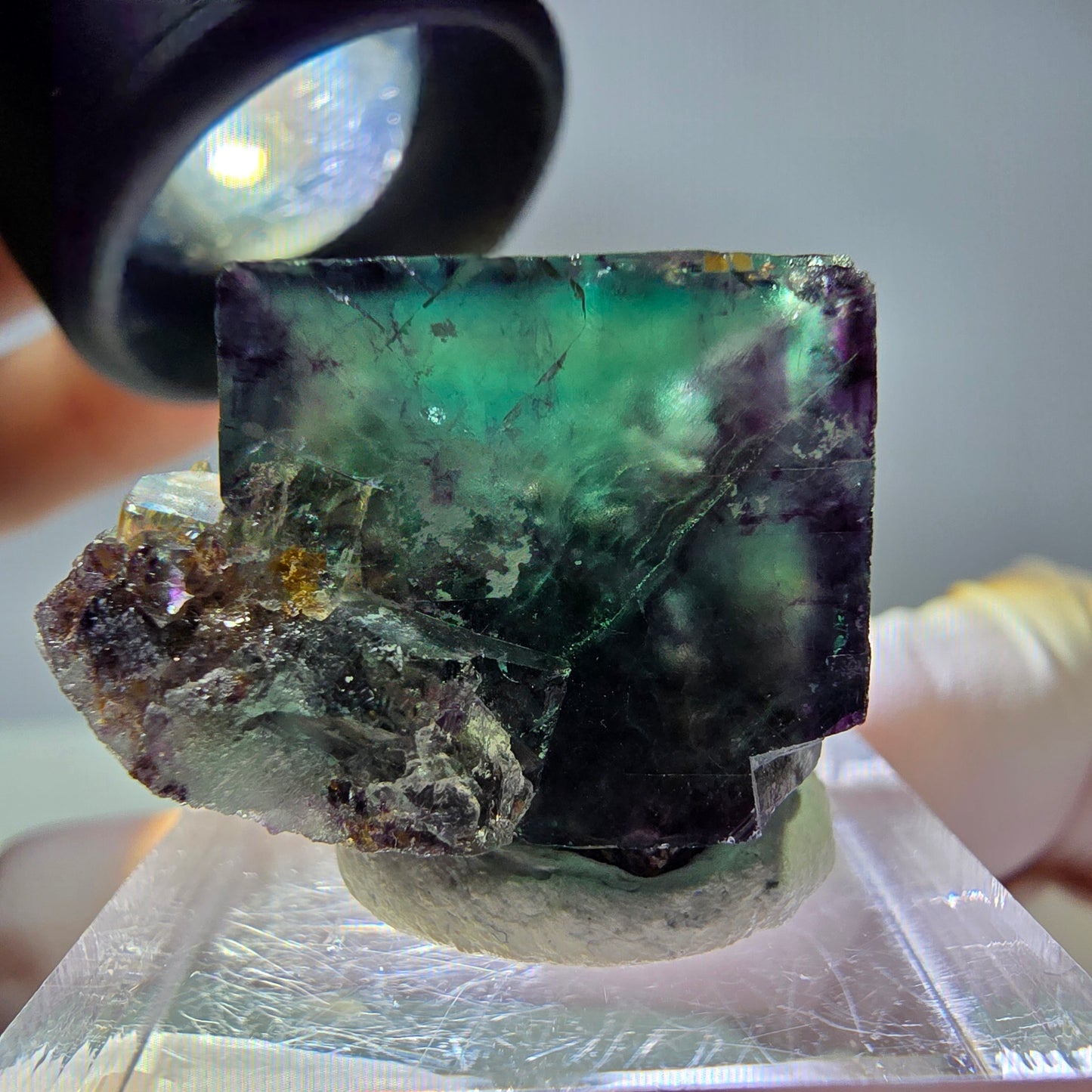 Rare cube de fluorite fantôme parqueté vert violet Okorusu Namibie 25*19*16mm