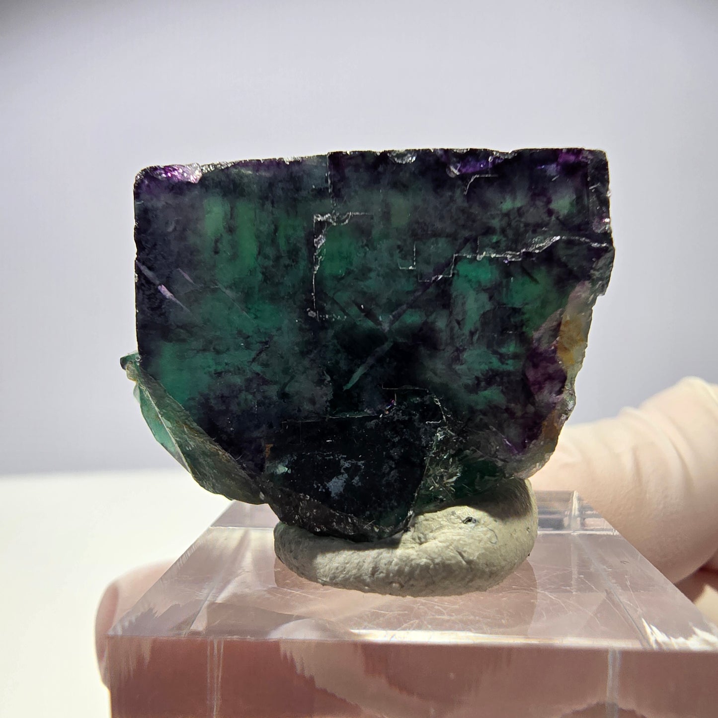 Rare cube de fluorite fantôme parqueté vert violet Okorusu Namibie 32*23*19mm