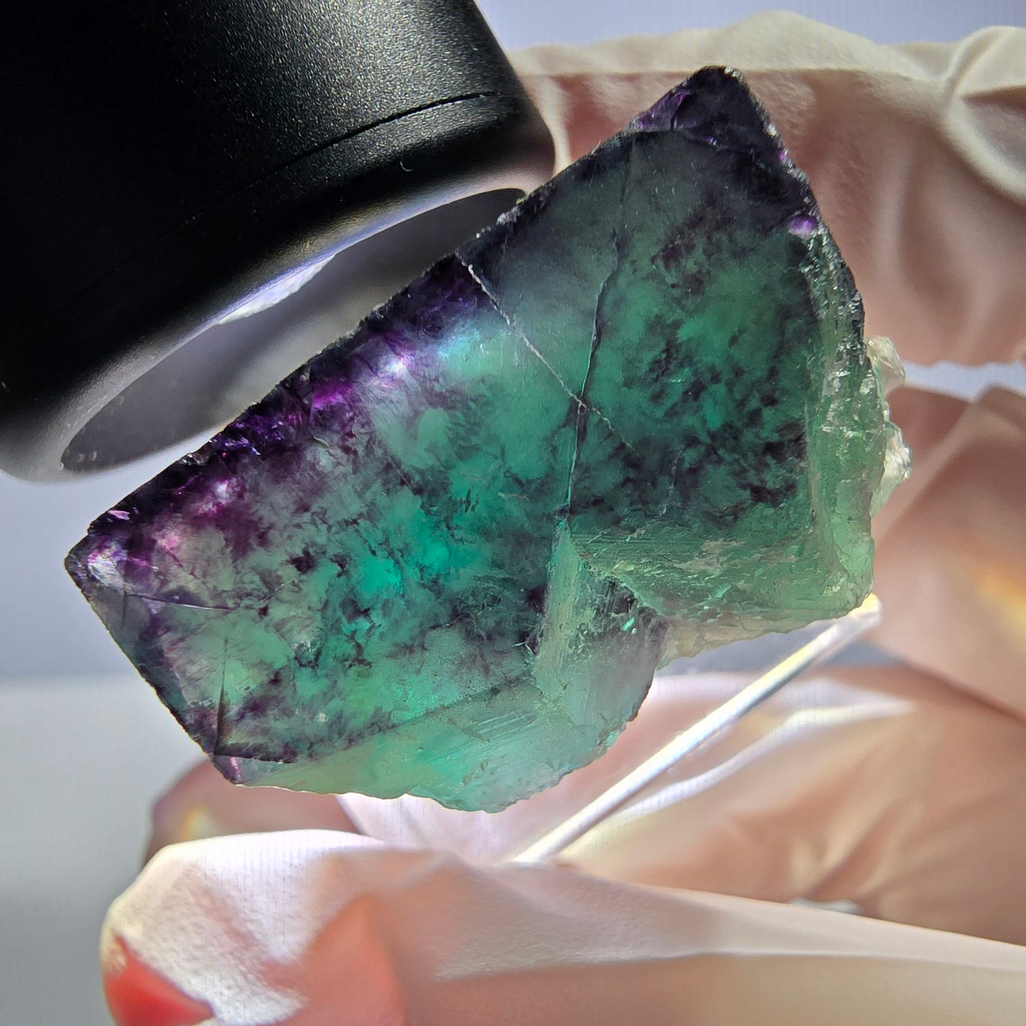 Rare cube de fluorite fantôme parqueté vert violet Okorusu Namibie 32*23*19mm
