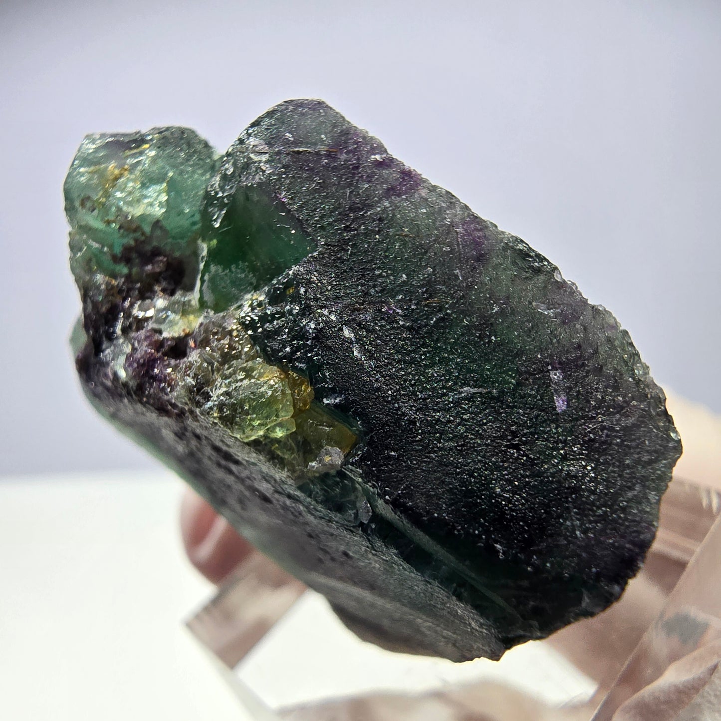 Rare cube de fluorite fantôme parqueté vert violet Okorusu Namibie 35*26*16mm