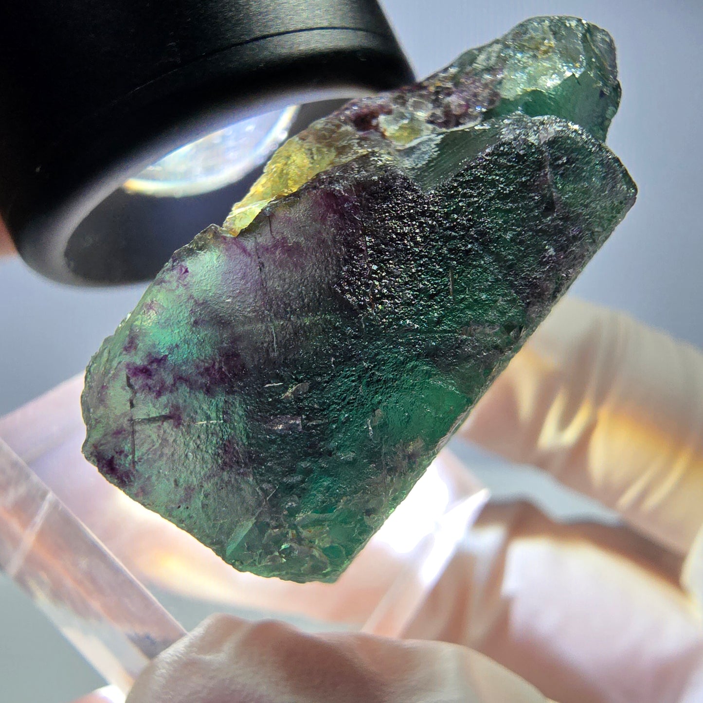 Rare cube de fluorite fantôme parqueté vert violet Okorusu Namibie 35*26*16mm