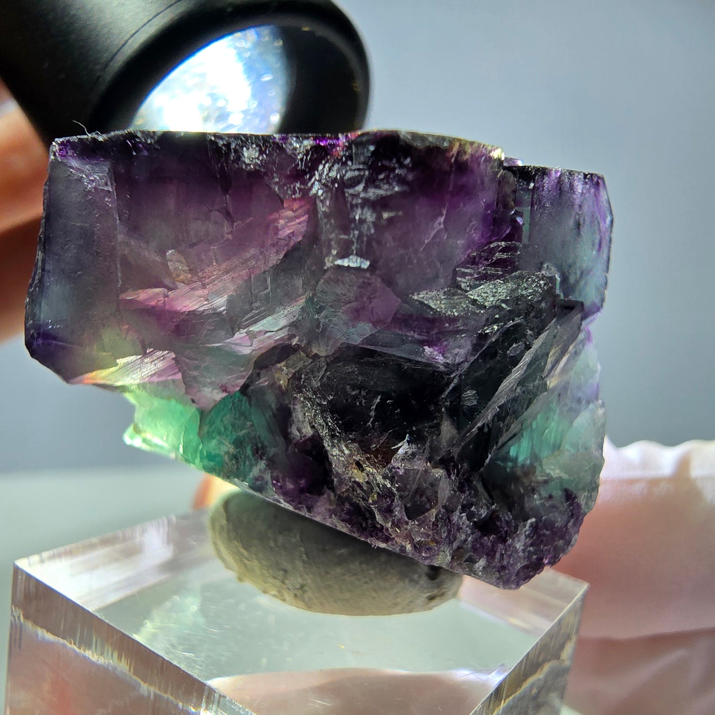 Rare cube de fluorite fantôme parqueté vert violet Okorusu Namibie 29*27*27mm