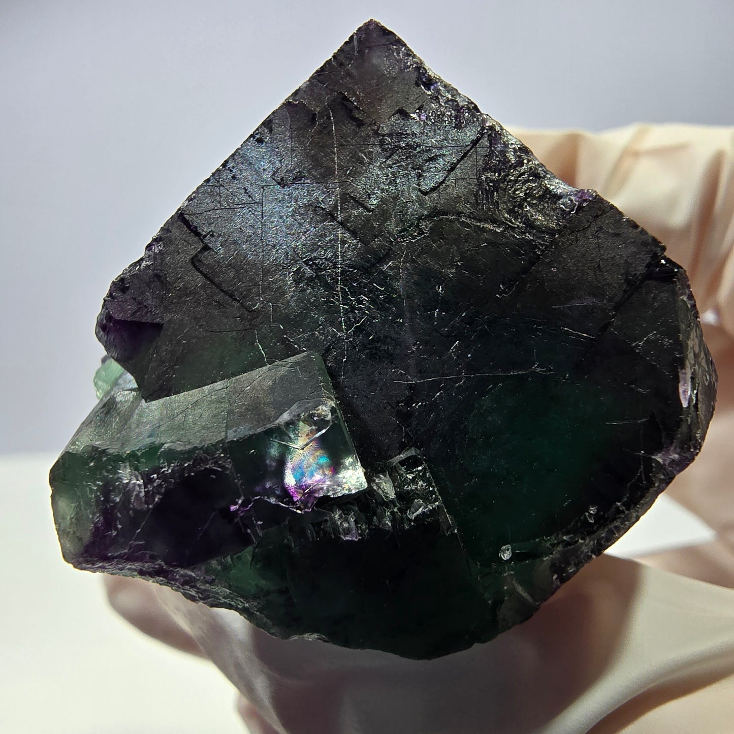 Rare cube de fluorite fantôme parqueté vert violet Okorusu Namibie 41*31*24mm