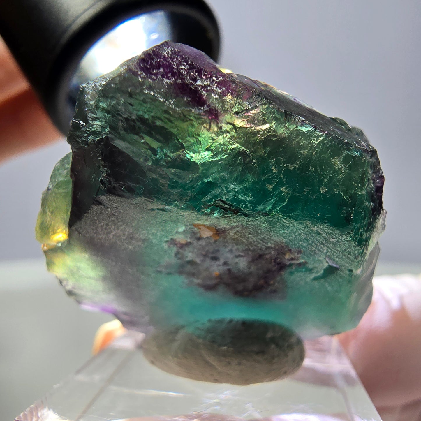 Rare cube de fluorite fantôme parqueté vert violet Okorusu Namibie 41*31*24mm