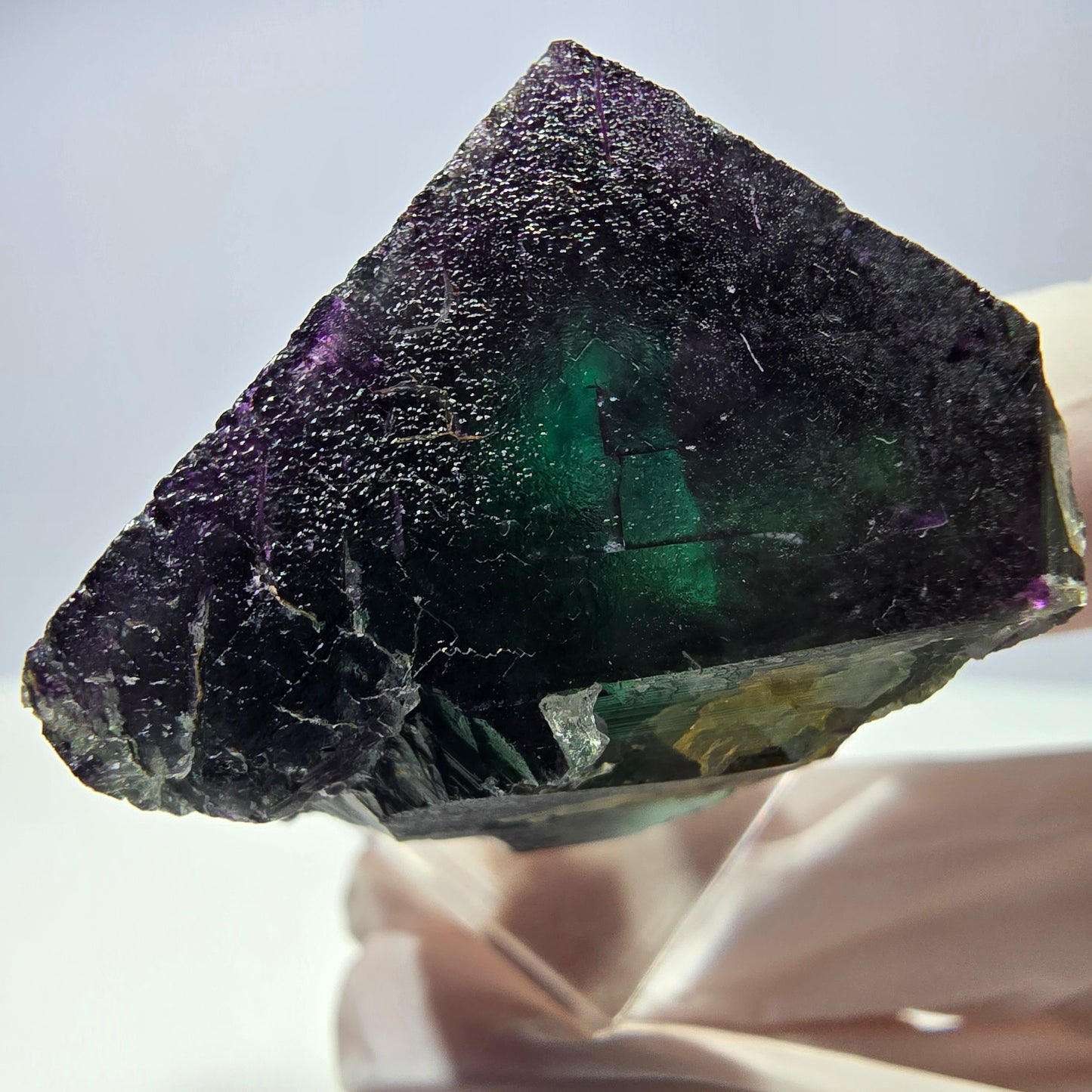 Rare cube de fluorite fantôme parqueté vert violet Okorusu Namibie 29*29*28mm