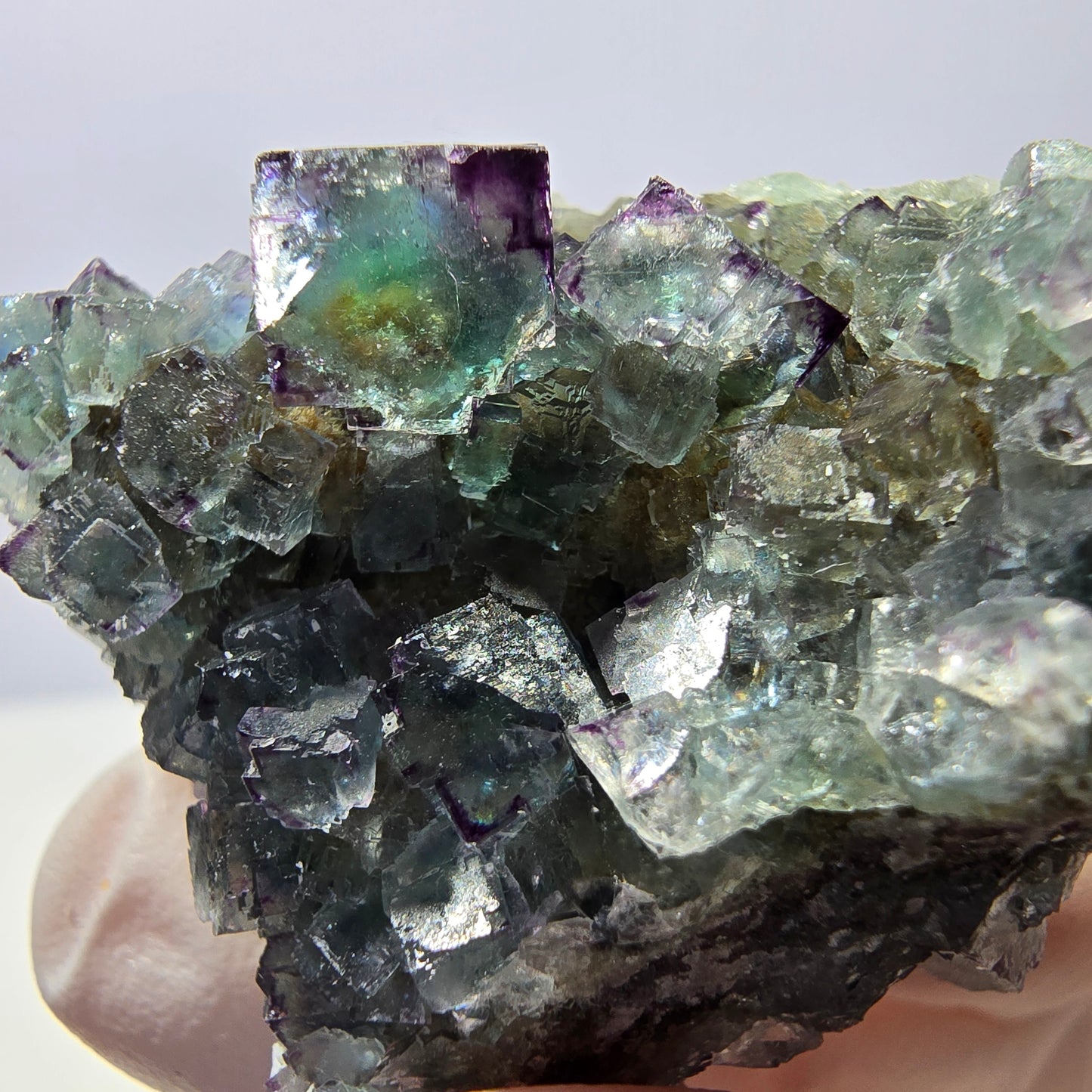 Spécimen de cube de fluorite fantôme, vert-violet zonal, Okorusu, Namibie, 35 x 35 x 28 mm