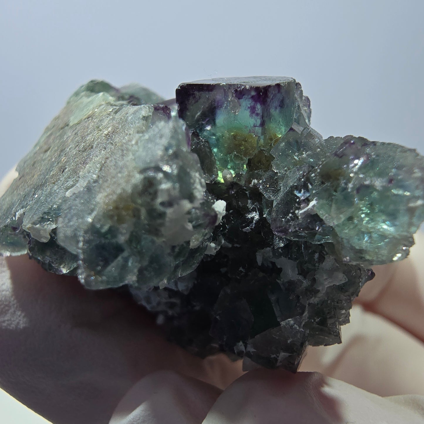 Spécimen de cube de fluorite fantôme, vert-violet zonal, Okorusu, Namibie, 35 x 35 x 28 mm