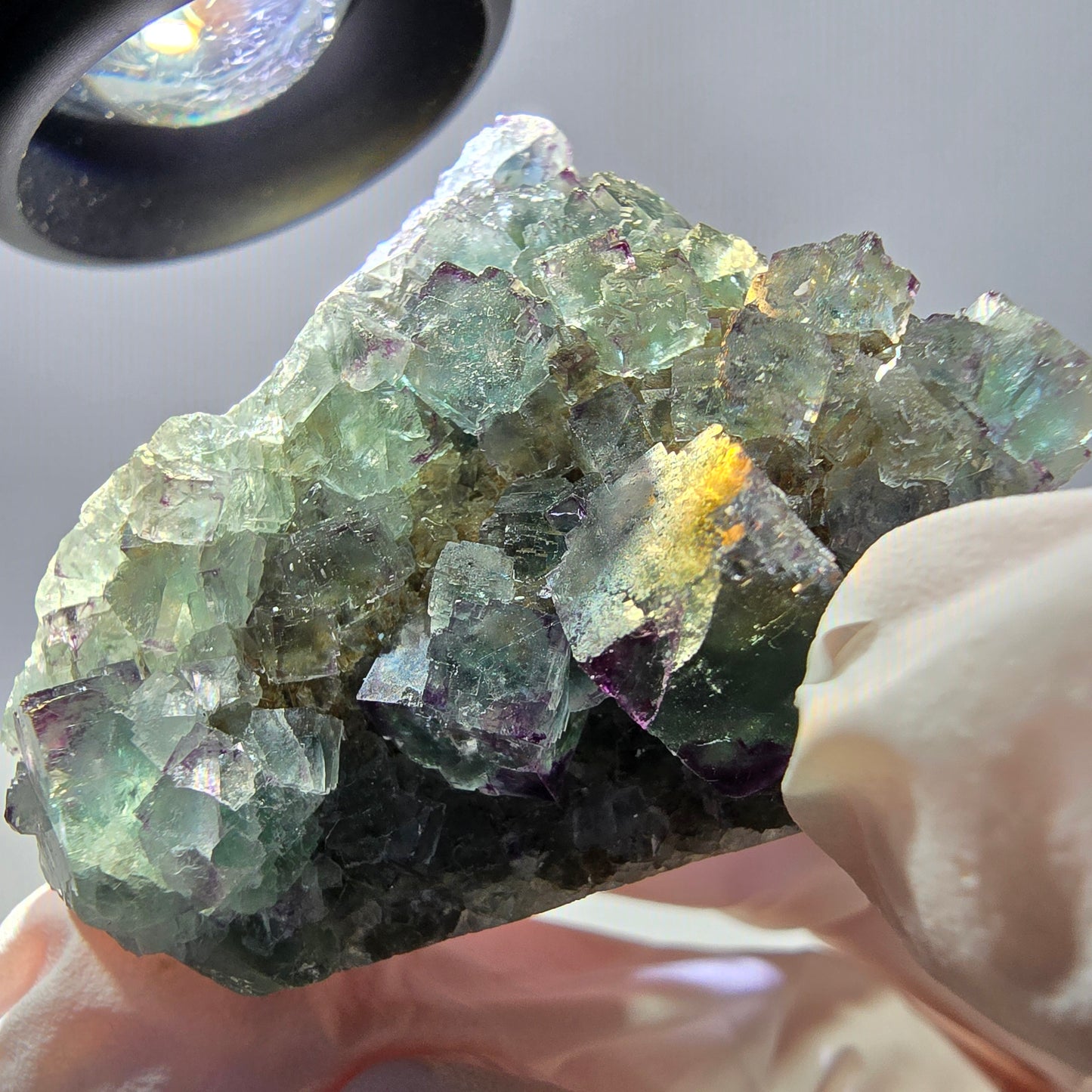 Spécimen de cube de fluorite fantôme, vert-violet zonal, Okorusu, Namibie, 35 x 35 x 28 mm